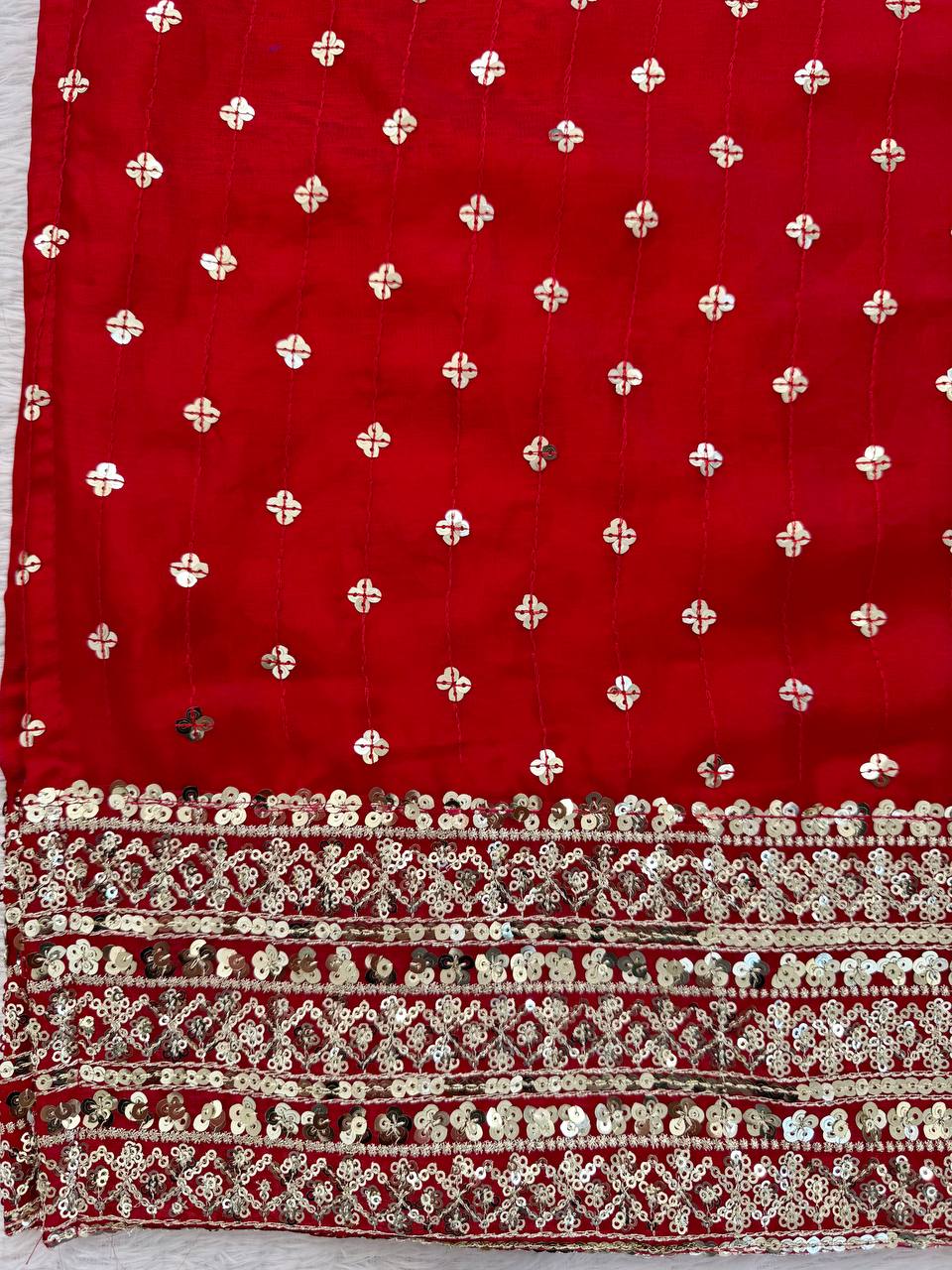 Red Silk Sequence Work Pant and Dupatta Set