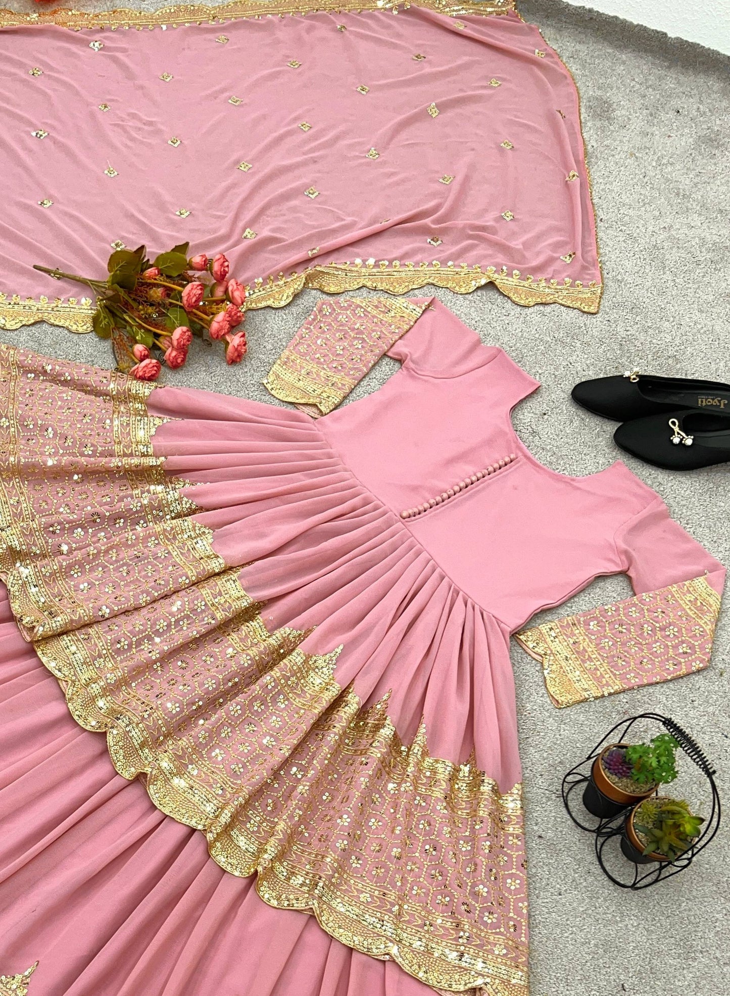 Light Pink Faux Georgette Heavy Embroidery Sequence Work Top with Semi-Stitched Lehenga and Dupatta