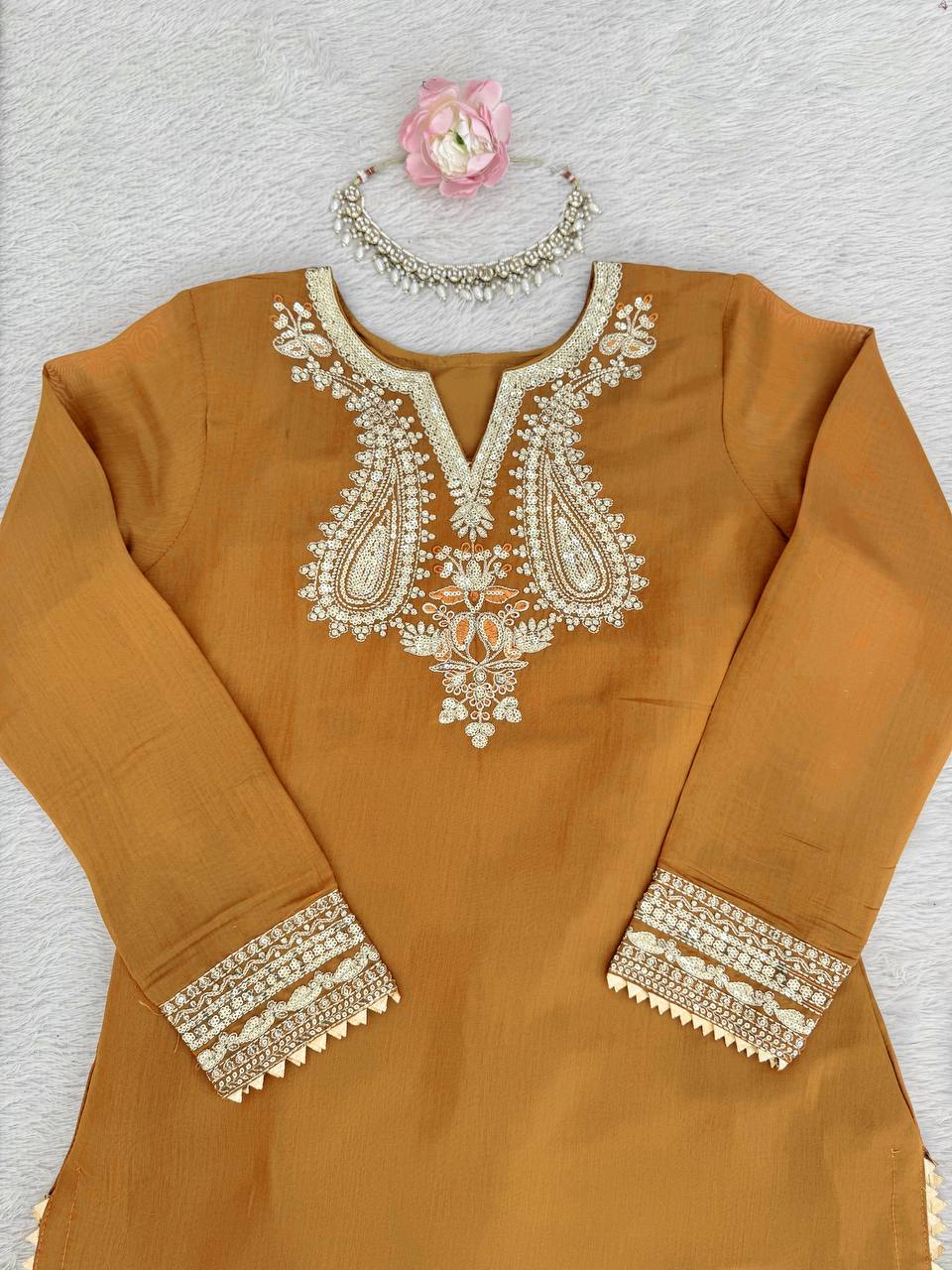 Gold Mustard Color Embroidered Kurta Sharara Set