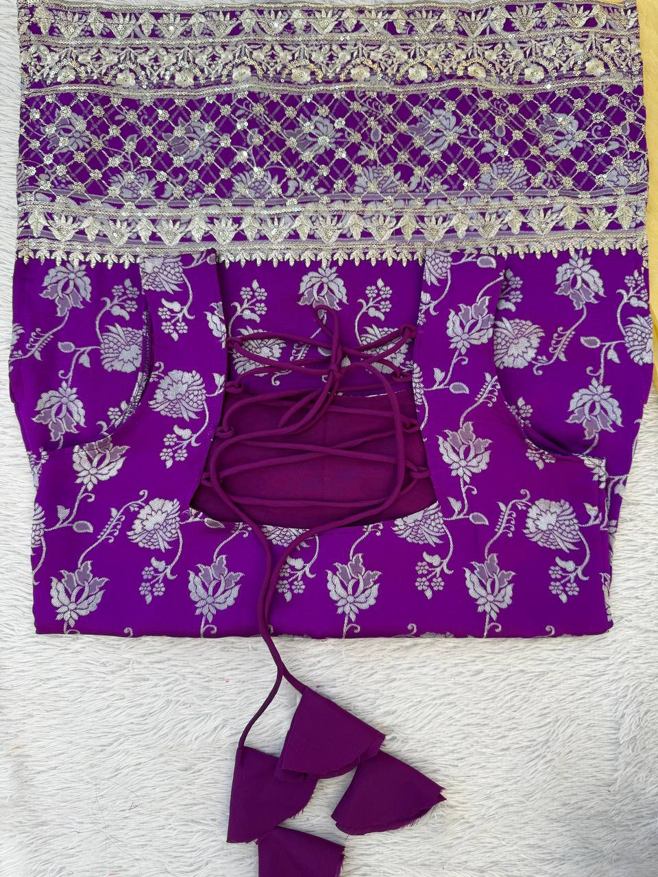 Purple Jequard Thread and Sequence Work Top with Crunchy Silk Palazzo and Four-Side Border Dupatta