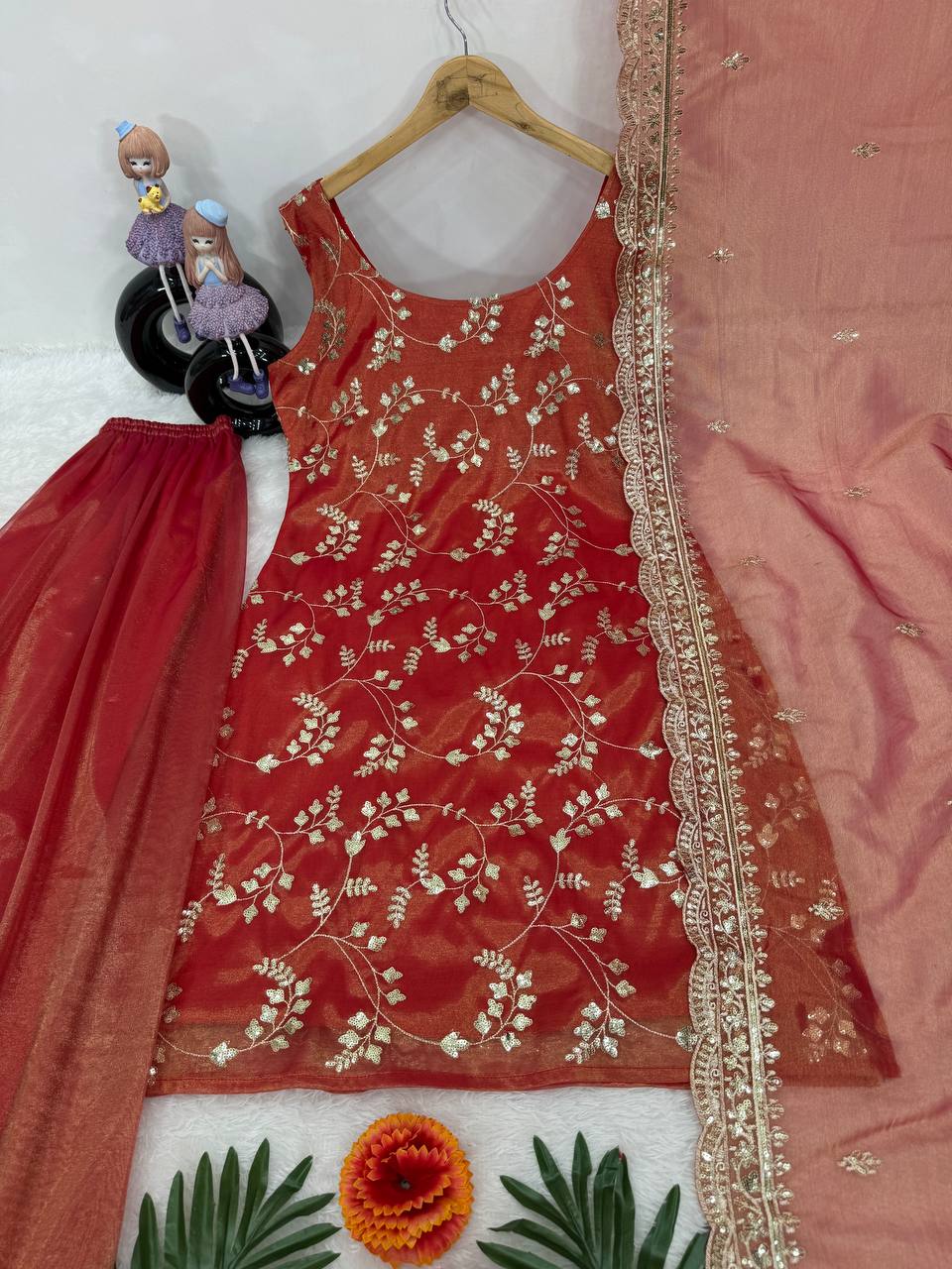 Orange heavy jimmy choo organza embroidery sequence work suit, pant and dupatta