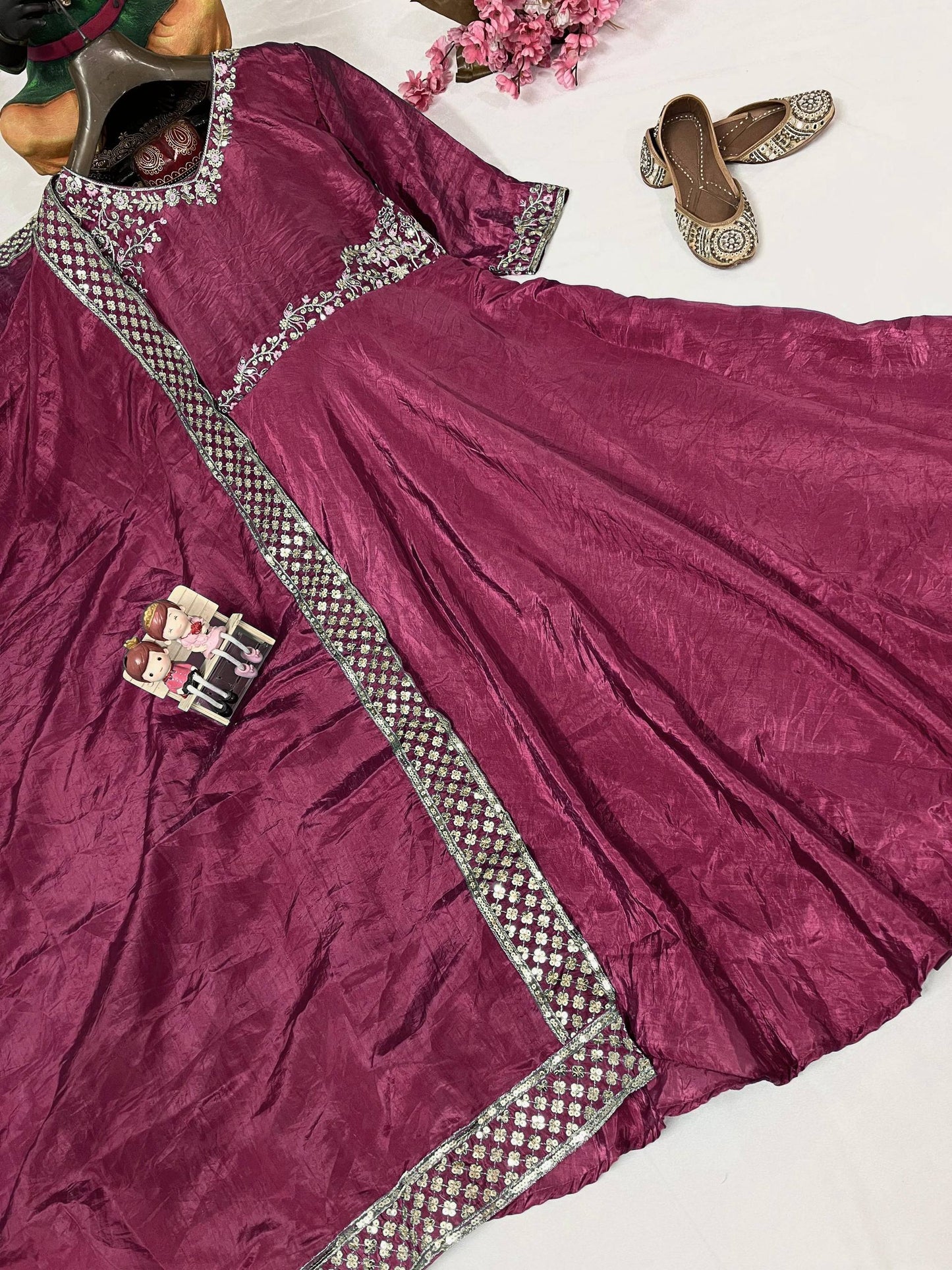 Rose gold crushed silk sequins embroidery work gown dupatta