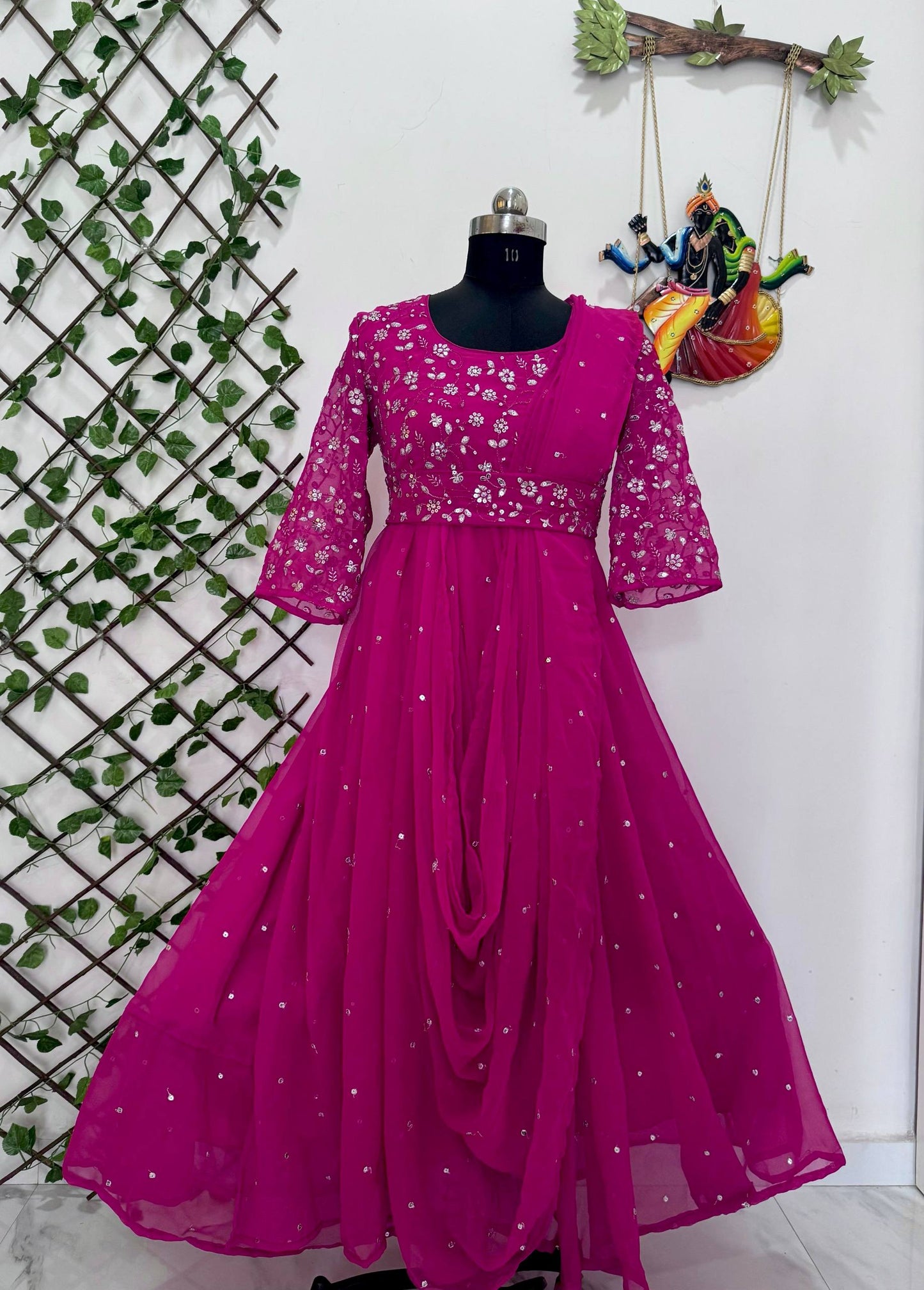 Purple georgette sequins zari & thread embroidery work gown attached dupatta & belt