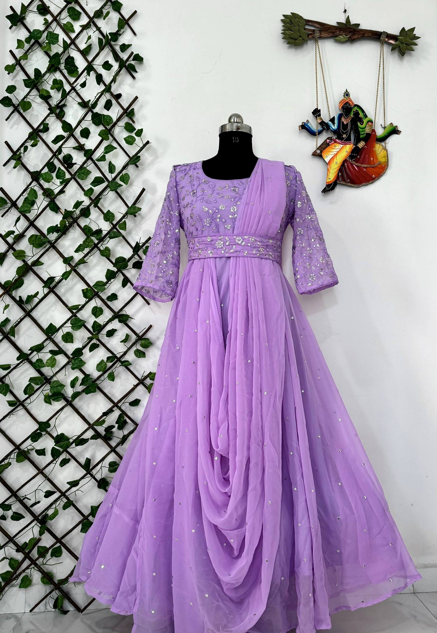 Light purple georgette sequins zari & thread embroidery work gown attached dupatta & belt