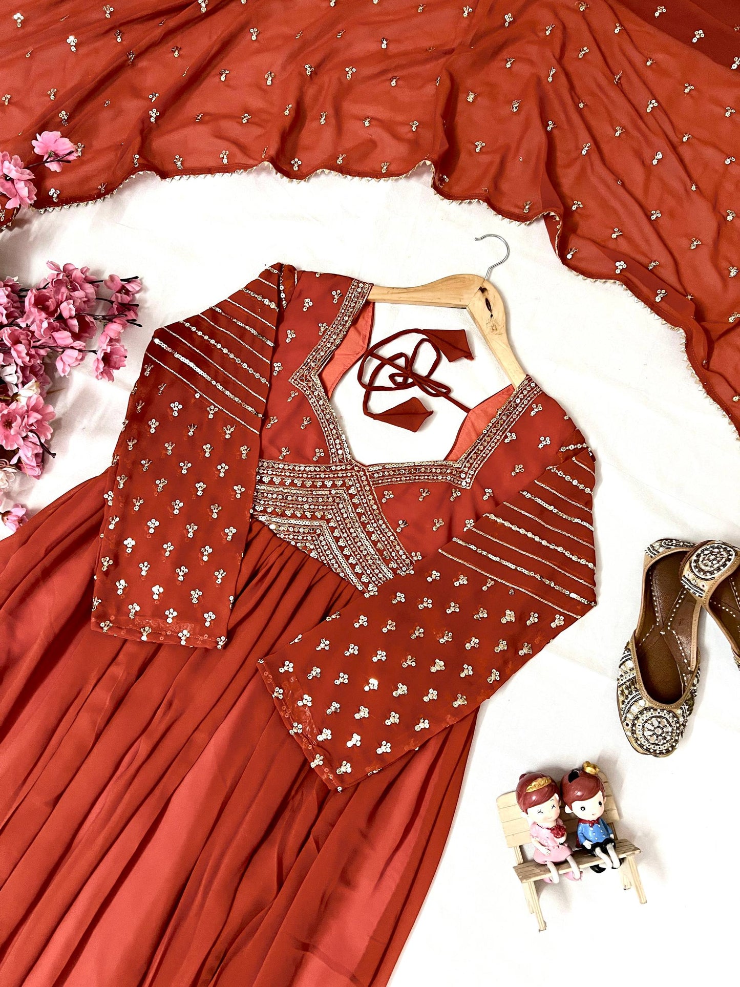 Orange blooming georgette sequins embroidery work grown and dupatta
