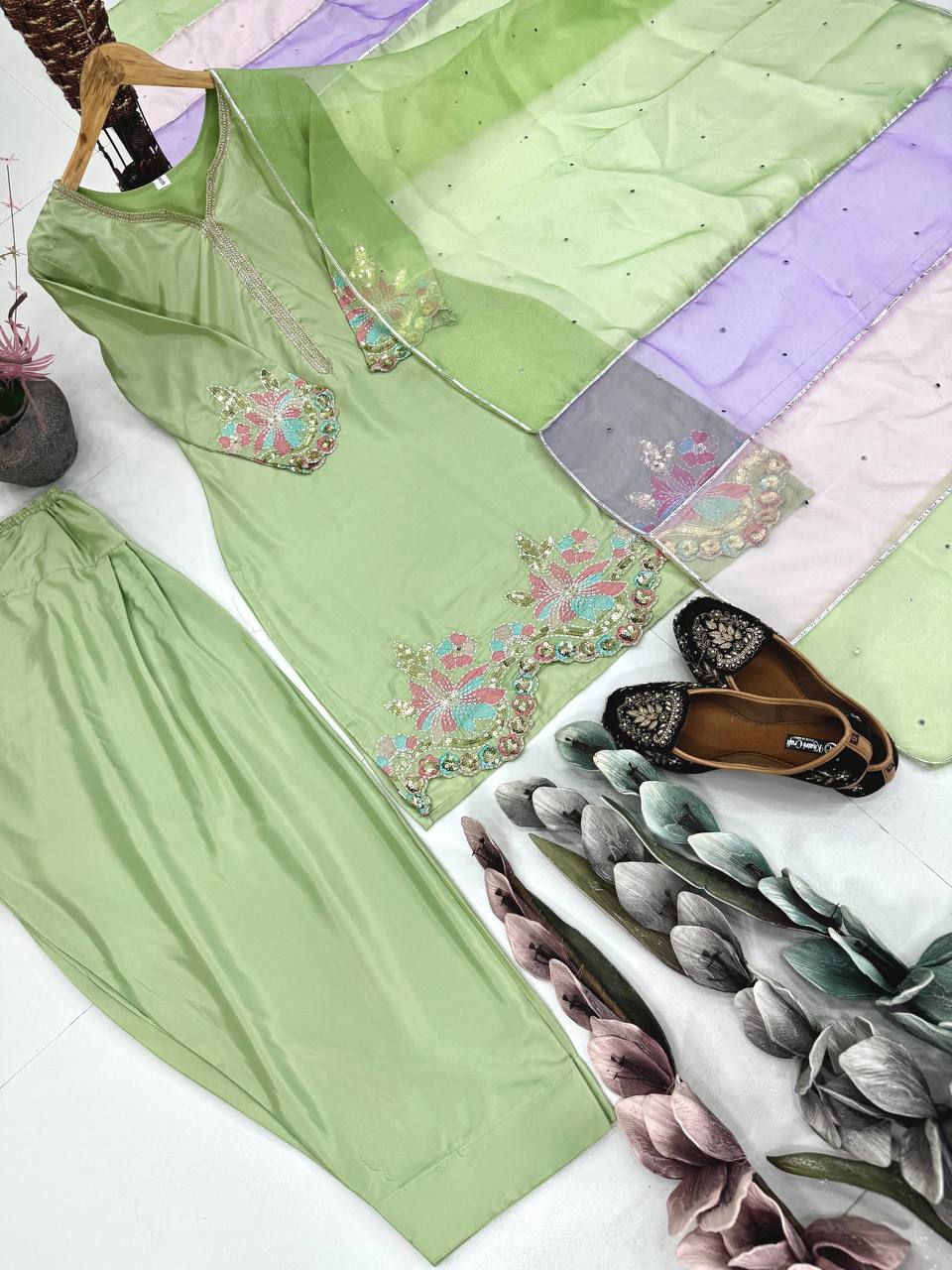 DESIGNER HEAVY NATURAL CREAP EMBROIDERED SEQUENCE WORK WITH FANCY TOP-PENT DUPATTA SET