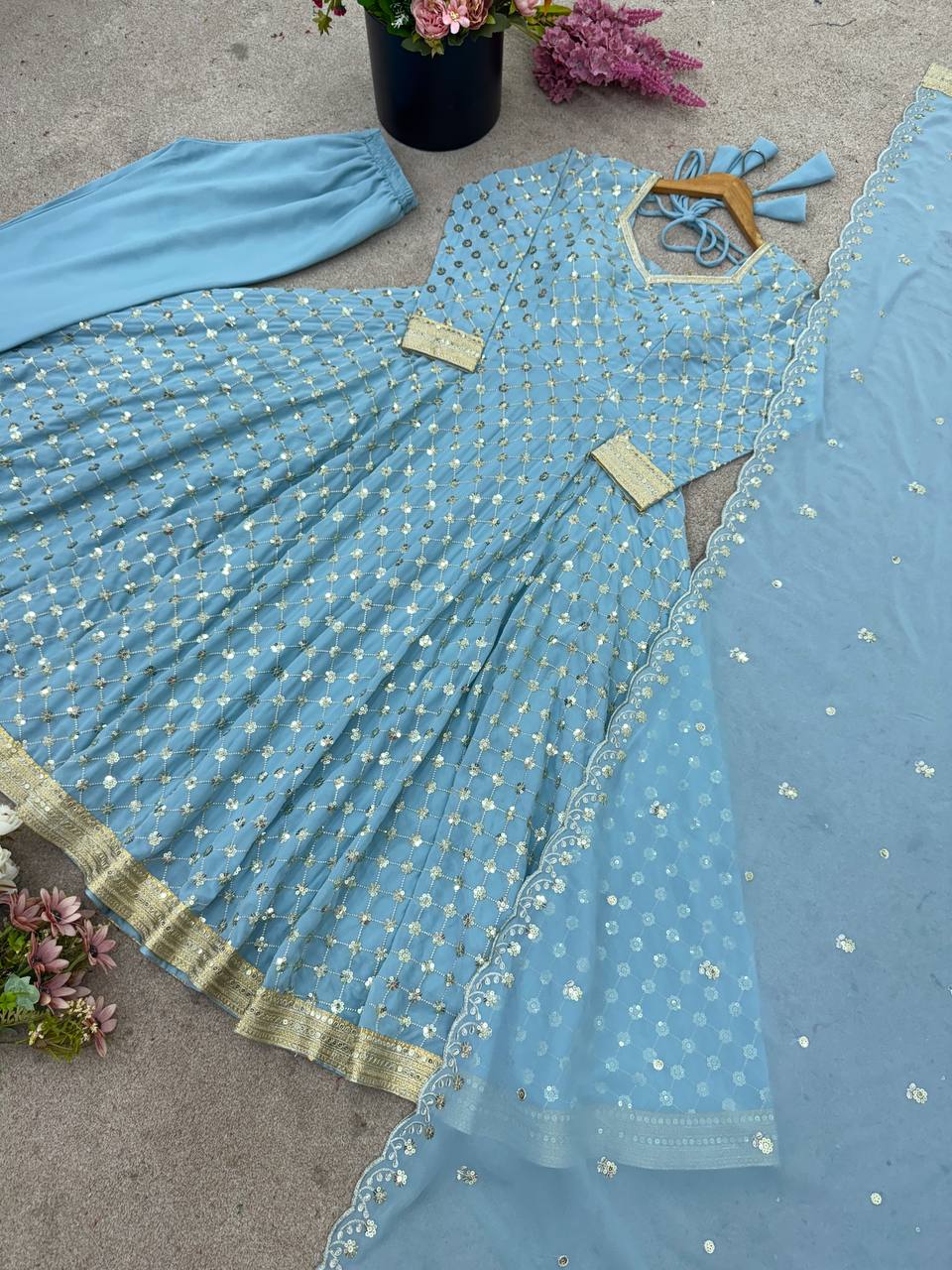 Sky blue heavy georgette embroidery sequence work ready to wear