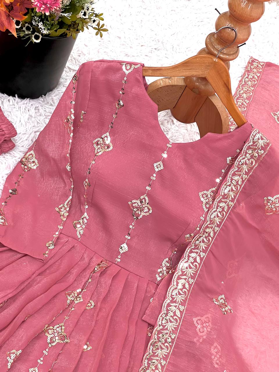 Pink heavy crunchy silk with heavy embroidery sequence work women’s ethnic wear