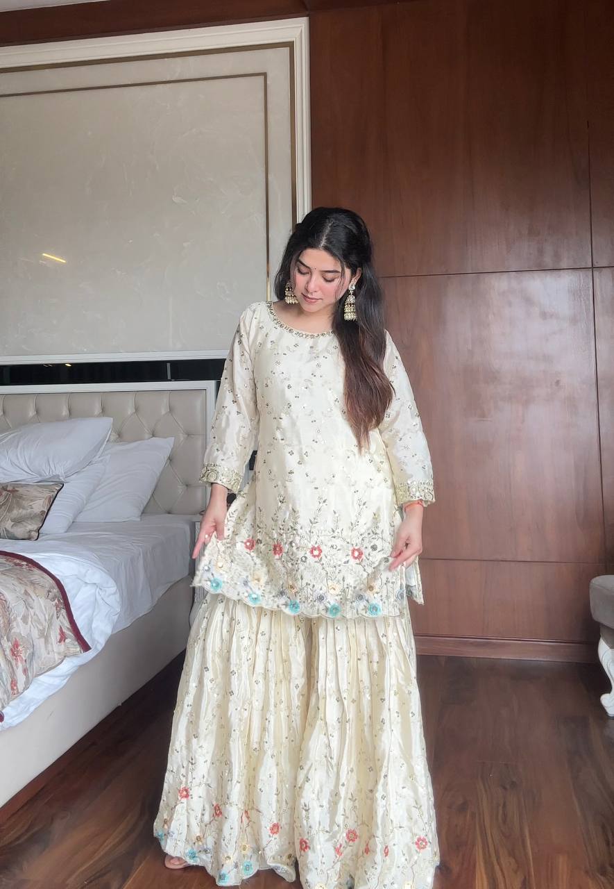 White chinon sequence embroidery work kurti, sharara and dupatta set