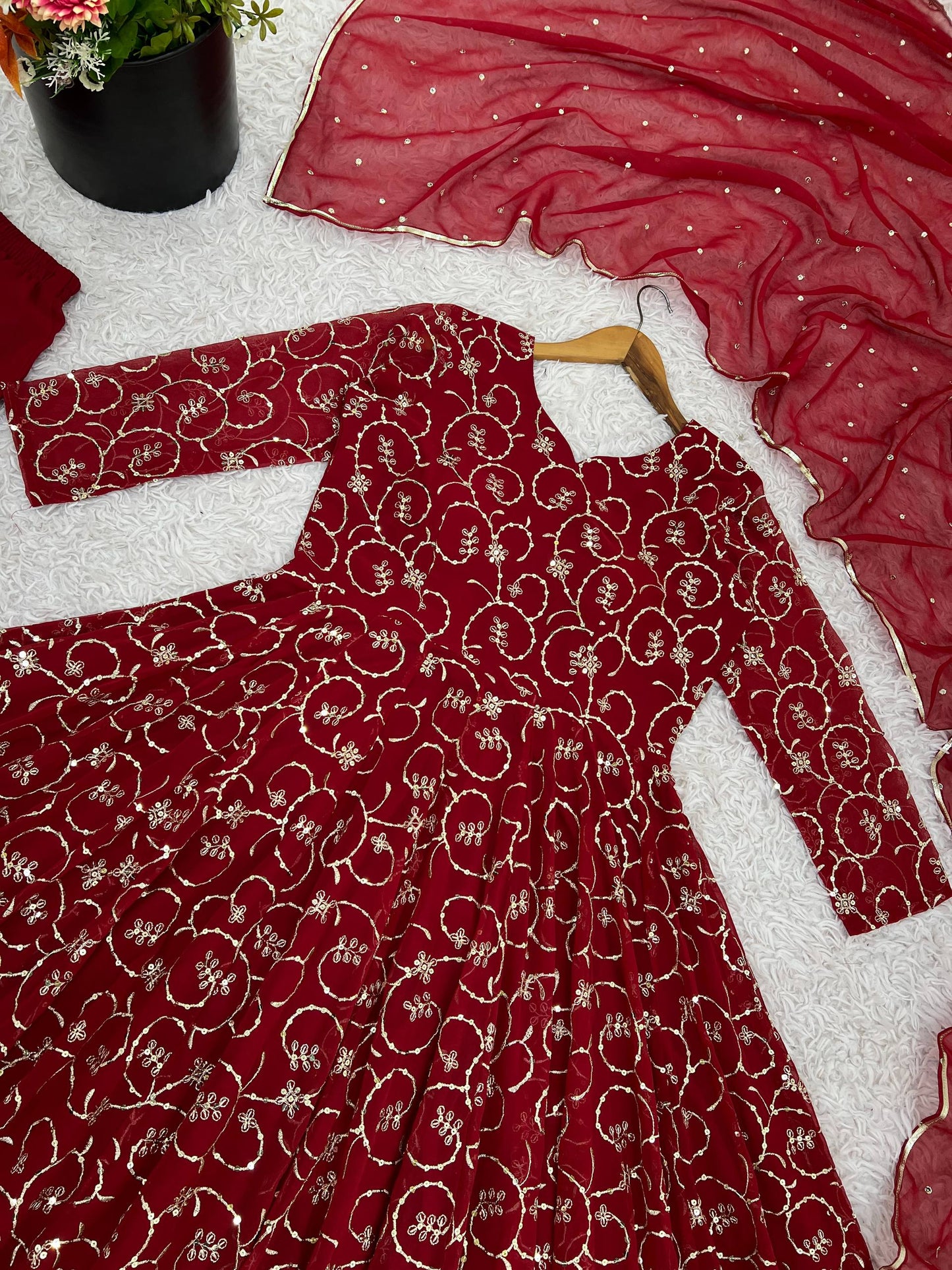 Red georgette with embroidery sequence work women’s Ethnic anarkali gown