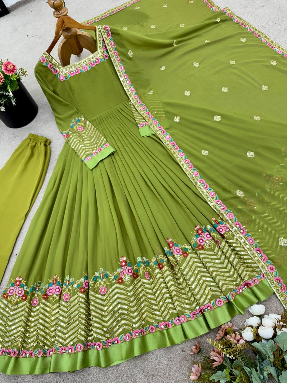 Mehndi heavy georgette embroidered sequence anarkali three piece set