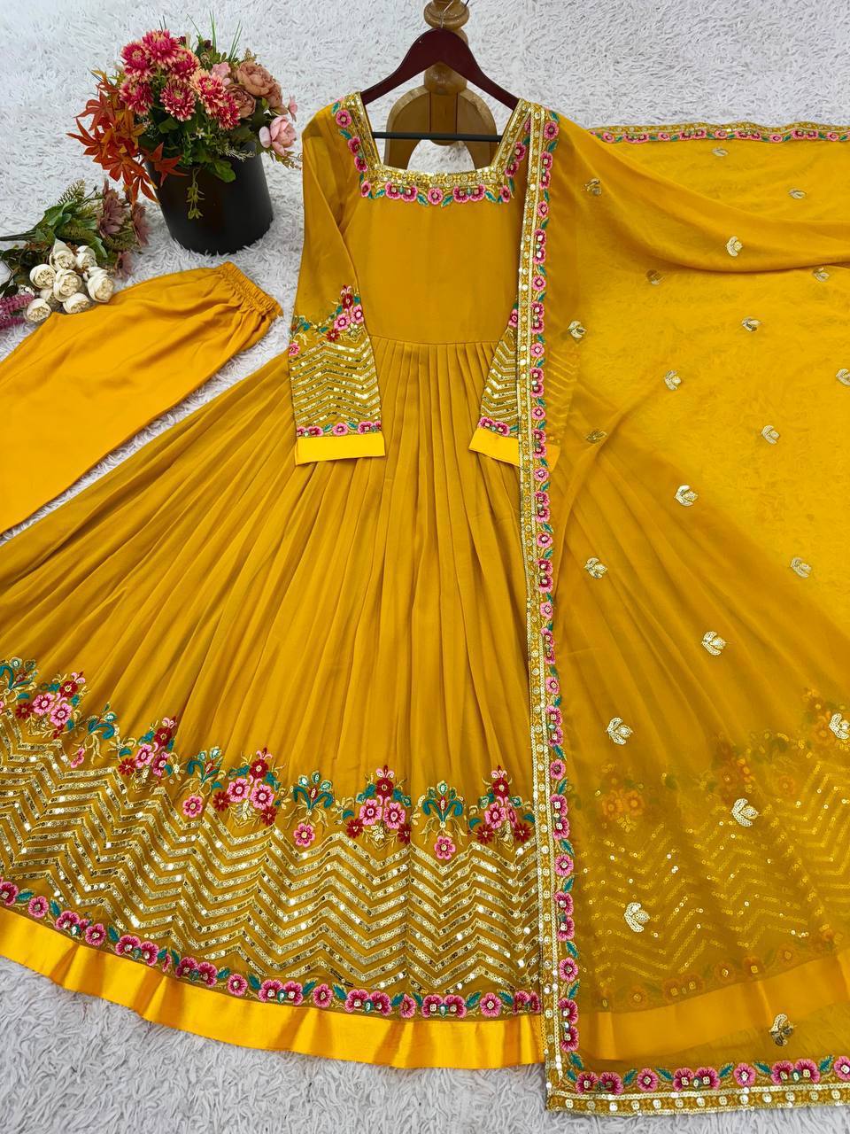 Yellow heavy georgette embroidered sequence anarkali three piece set