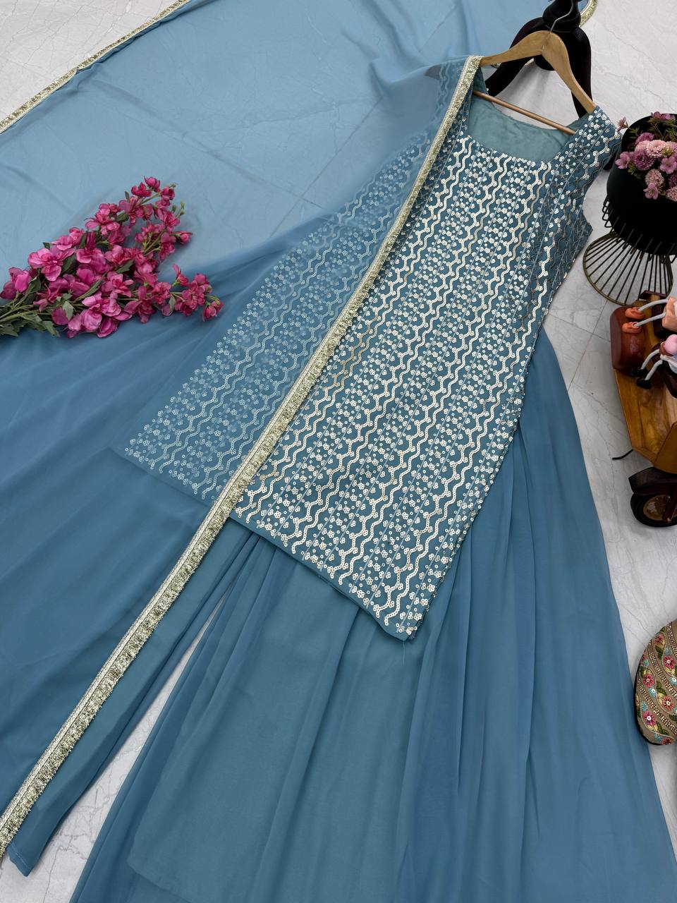 Blue fox georgette embroidery sequence party top palazzo & dupatta Set