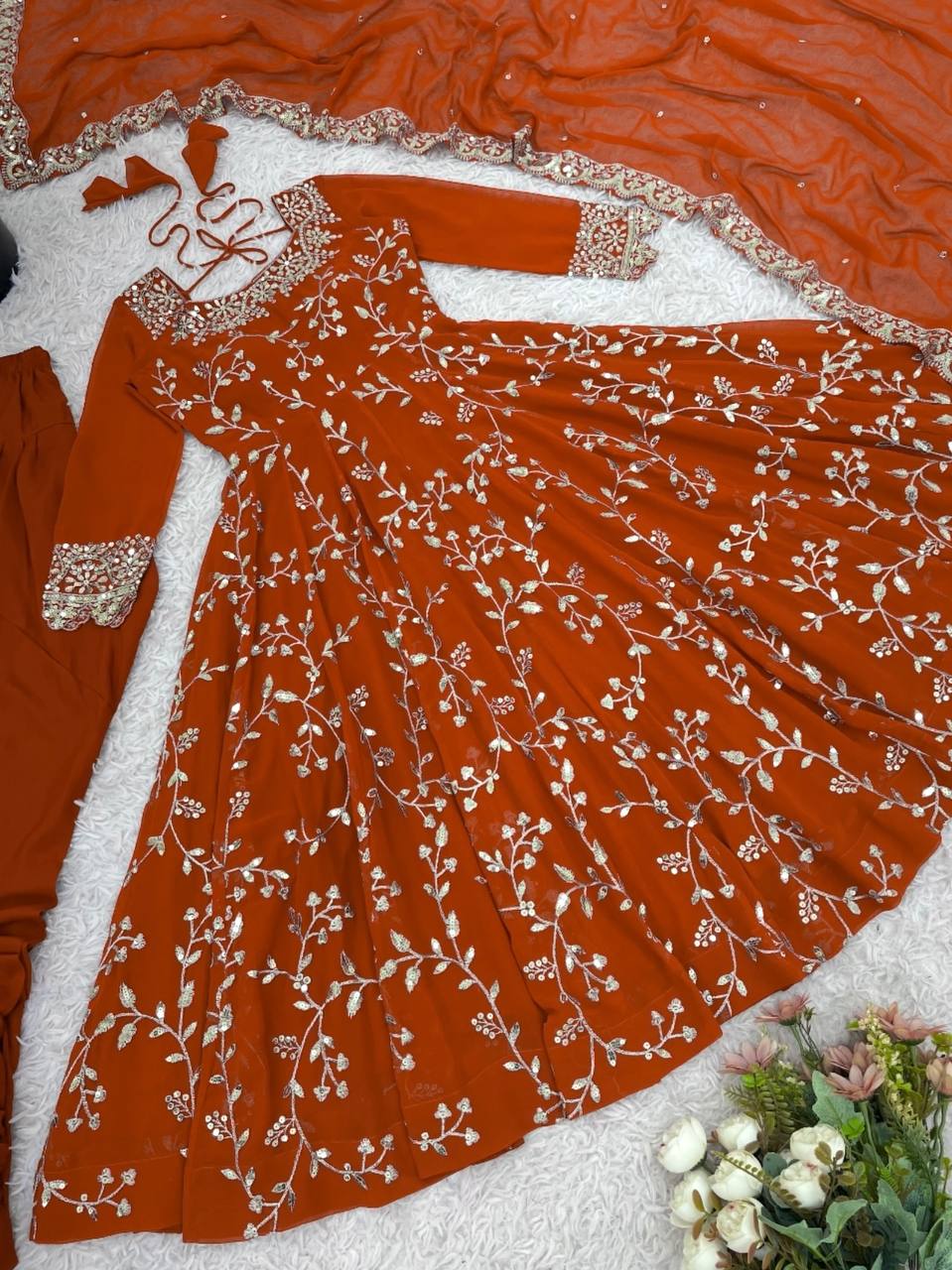 Orange georgette with embroidery sequence work women’s ethnic anarkali gown