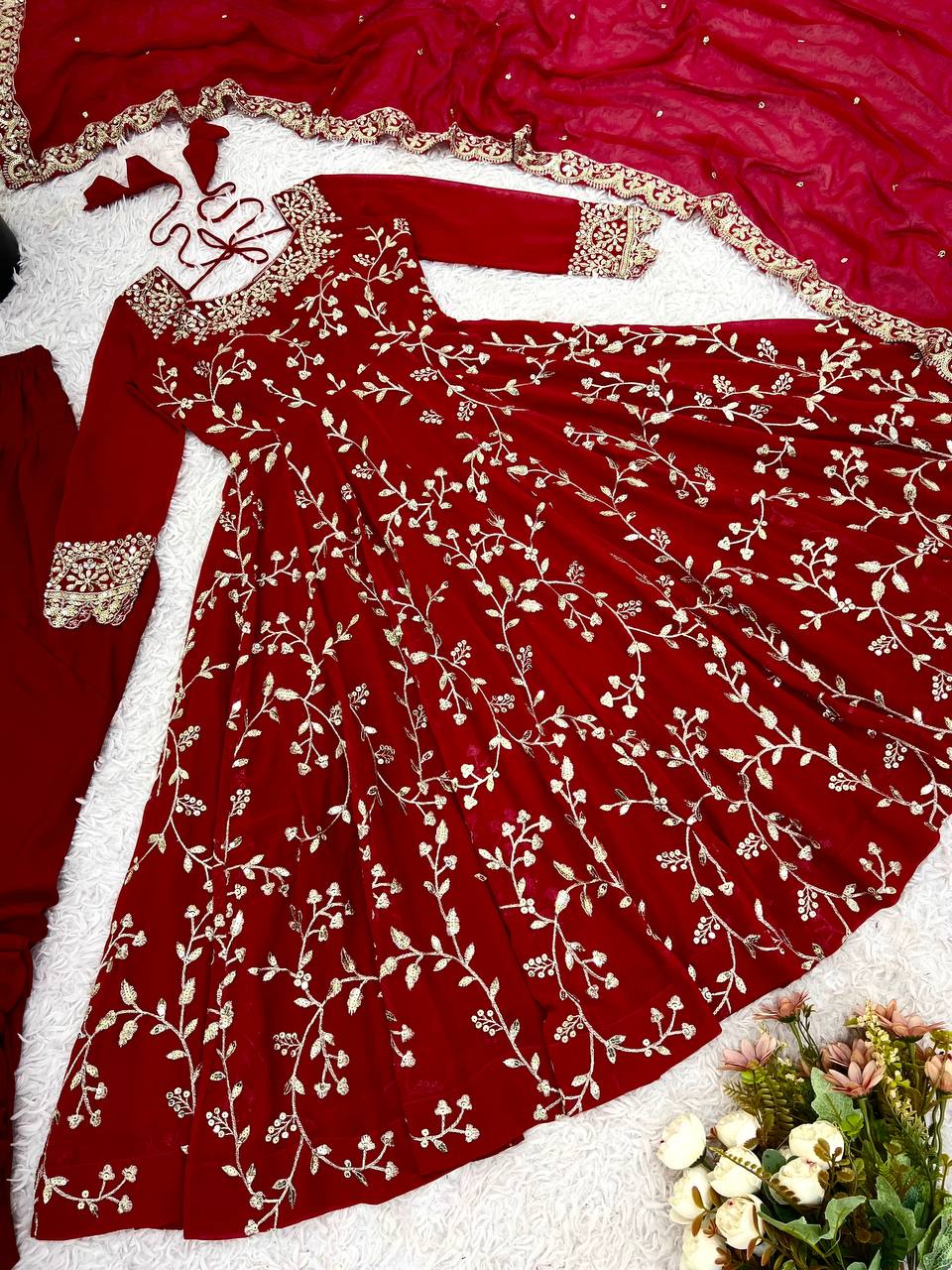 Red georgette with embroidery sequence work women’s ethnic anarkali gown