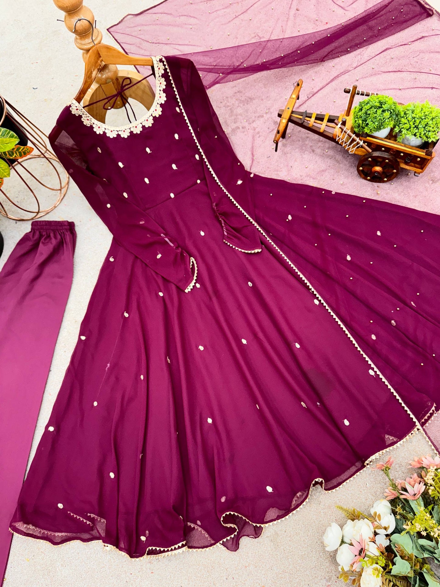 Maroon georgette with embroidery sequence work fully stitched & ready to wear