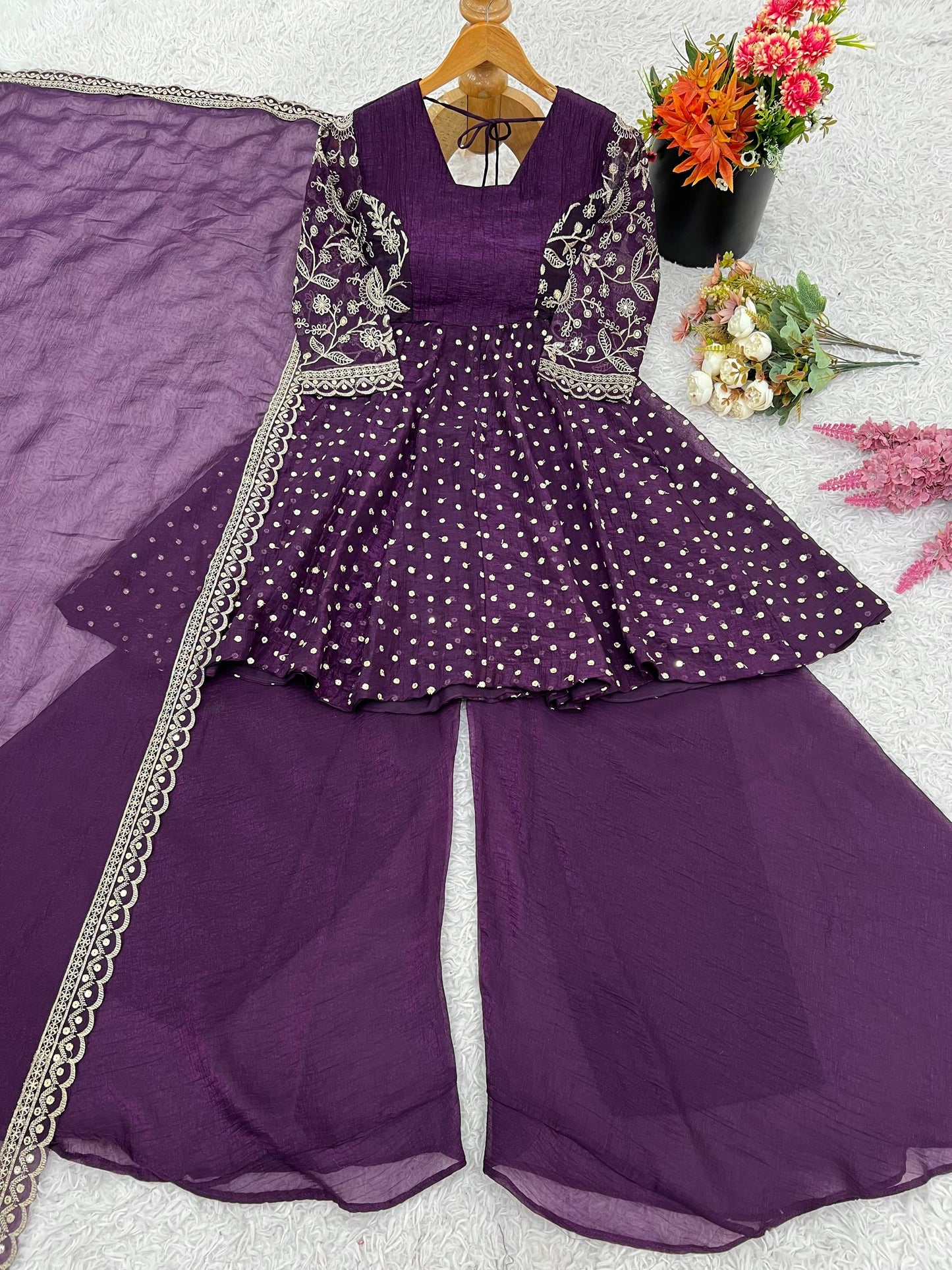Purple crunchy silk embroidery sequence work fully stitched & ready to wear