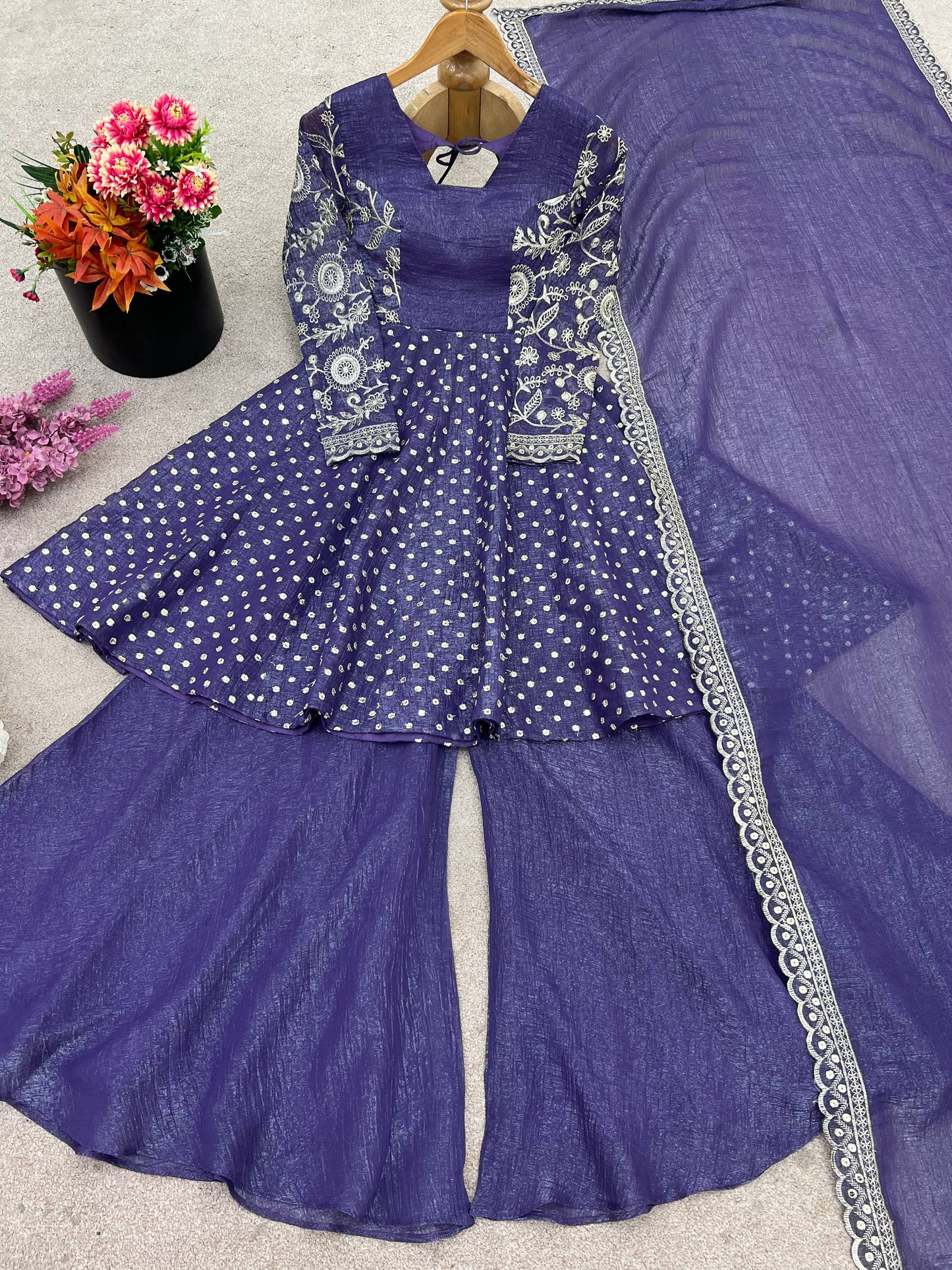 Navy blue crunchy silk embroidery sequence work fully stitched & ready to wear