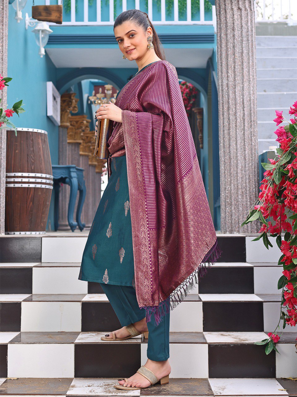 Blue jacquard silk woven design work kurta pant dupatta set