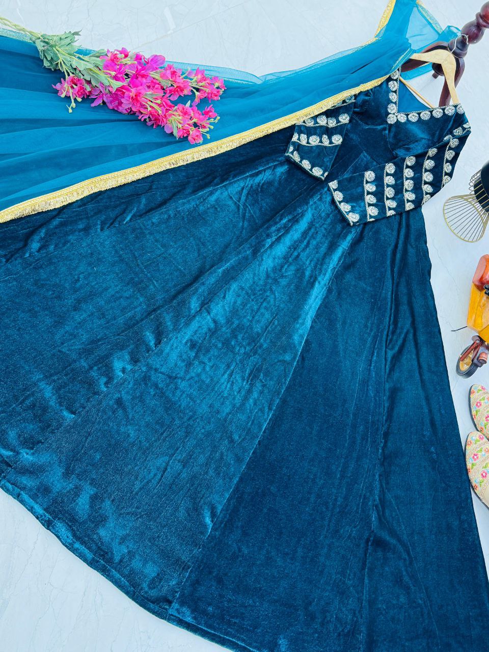 Blue heavy velvet embroidery sequence party gown & dupatta set