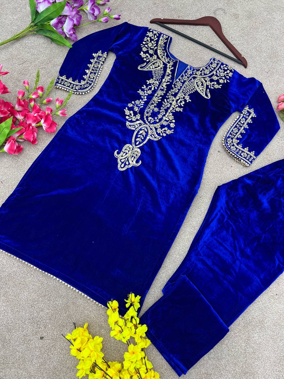 Blue viscose velvet embroidery work party wear look top with fully stitched bottom