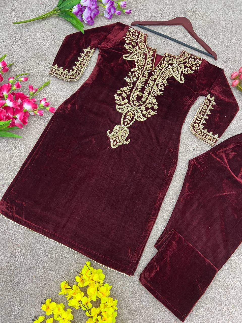 Maroon viscose velvet embroidery work party wear look top with fully stitched bottom