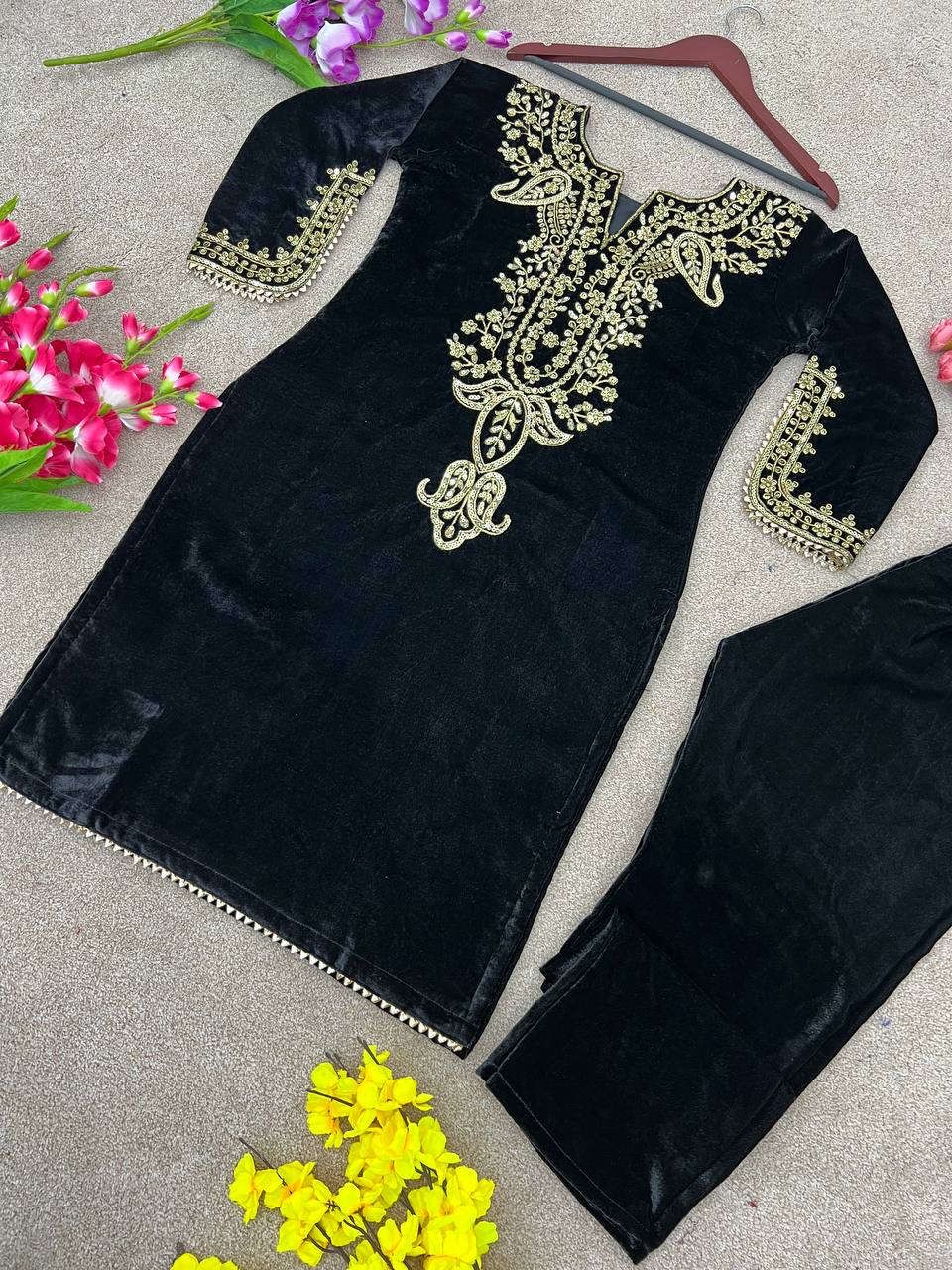 Black viscose velvet embroidery work party wear look top with fully stitched bottom