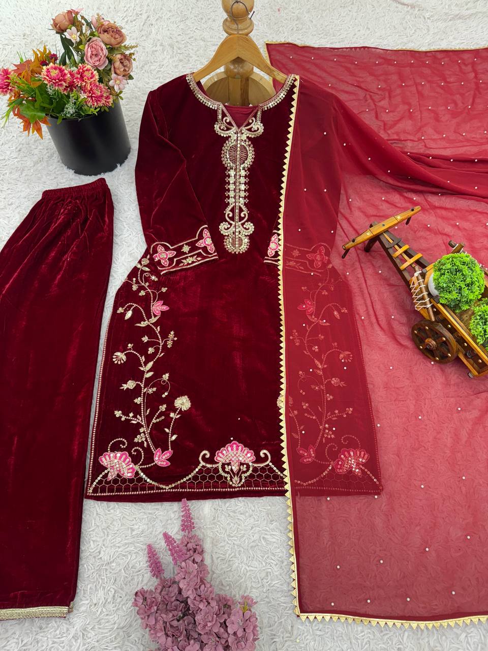 Red heavy viscose velvet with heavy embroidery sequence work top-dupatta and bottom fully stitched Bottom