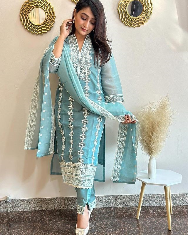 Sky blue vichitra silk embroidered work kurta pant dupatta set