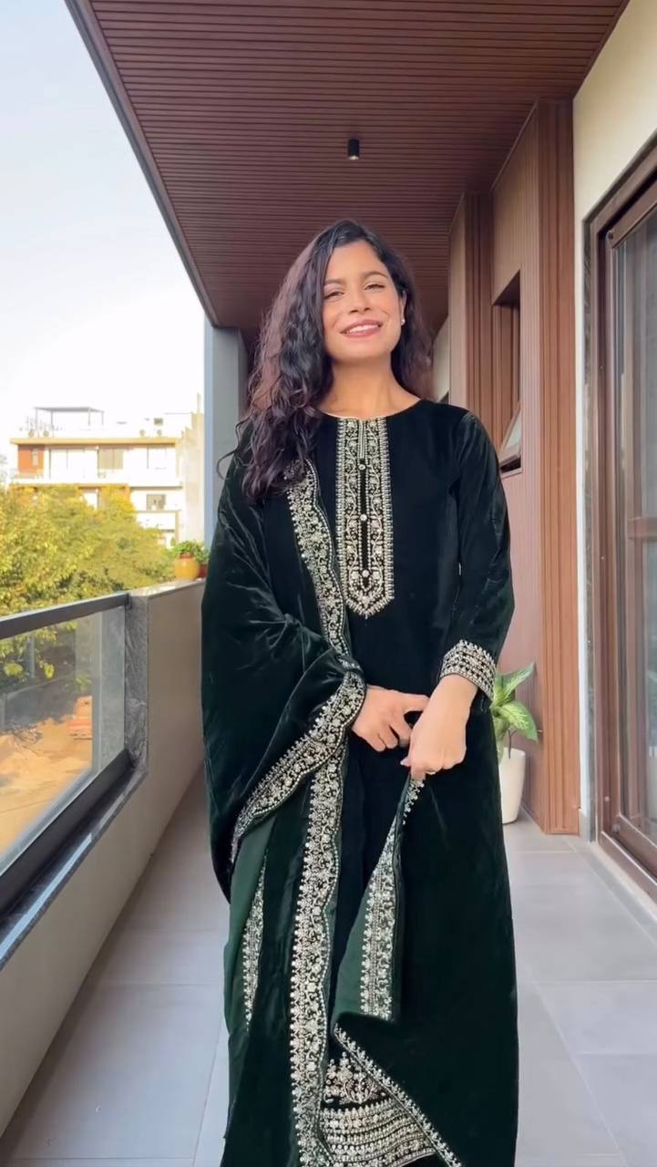 Premium Velvet Winter Wear 2025 Sequence Embroidered 3 Piece Pant Set