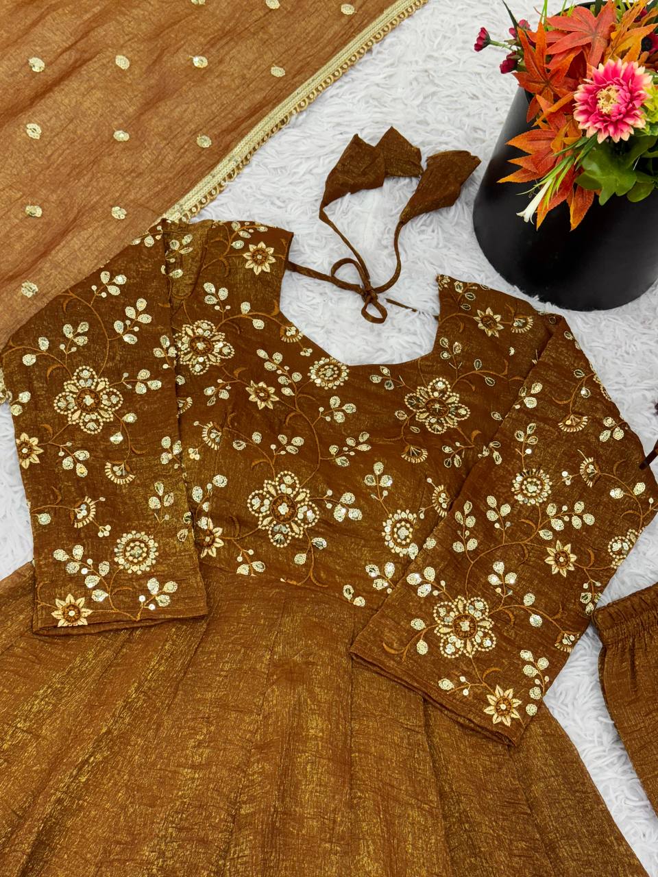 Gold crunchy silk with lace border fully stitched & ready to wear