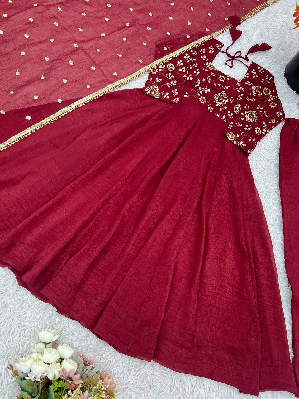 Red crunchy silk with lace border fully stitched & ready to wear