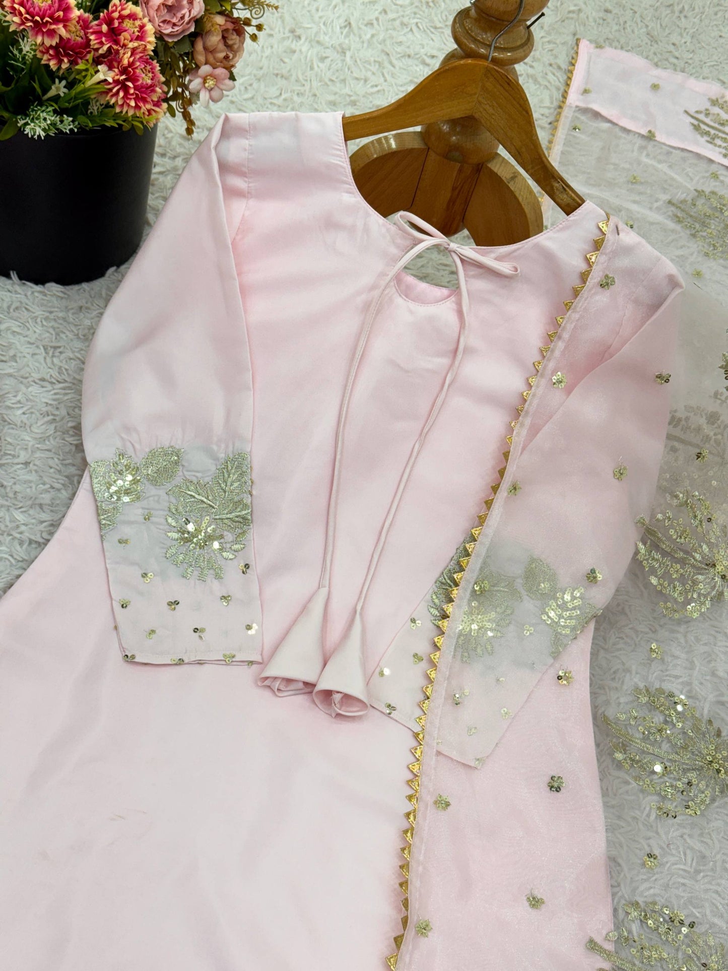 Light Pink Crep Silk With Embroidery Sequence Work Top-Bottom And Dupatta Set Fully Stitched