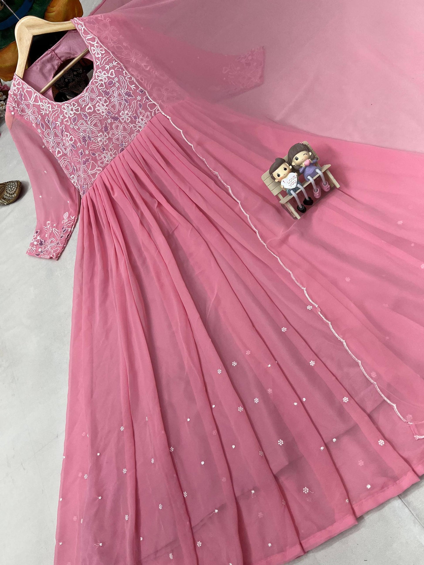 Pink georgette embroidery work in front gown and dupatta