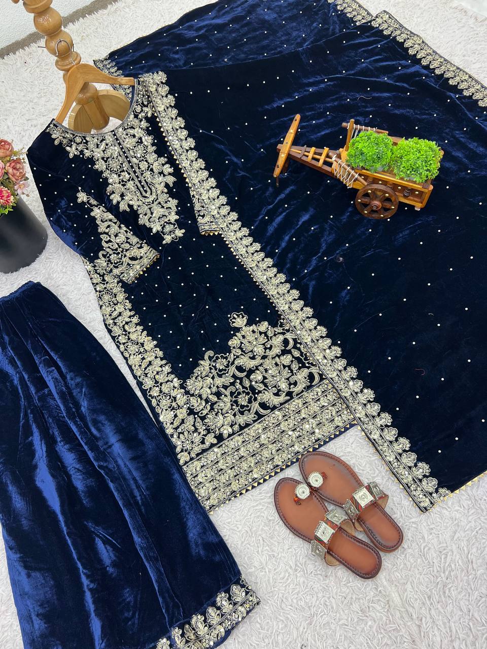 Navy Blue viscose velvet with top bottom and dupatta set
