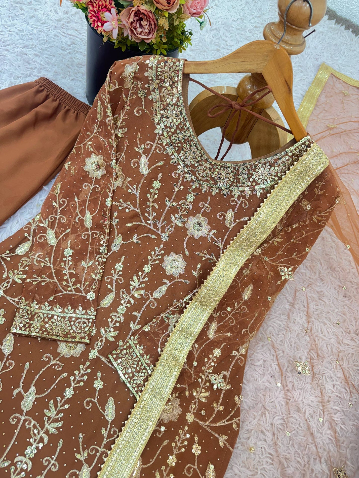 Brown Pure Heavy Georgette Fully Stitched Sharara Dress