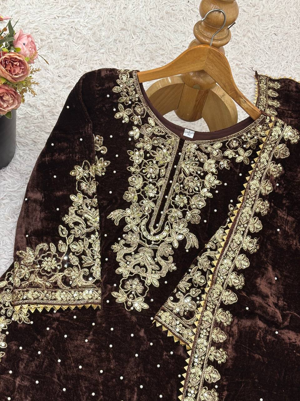 Brown viscose velvet with top bottom and dupatta set