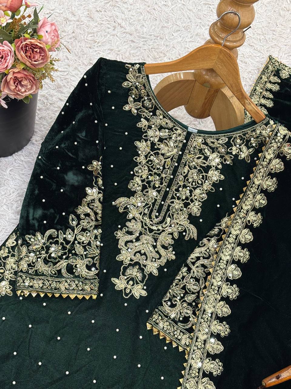 Dark Green viscose velvet with top bottom and dupatta set