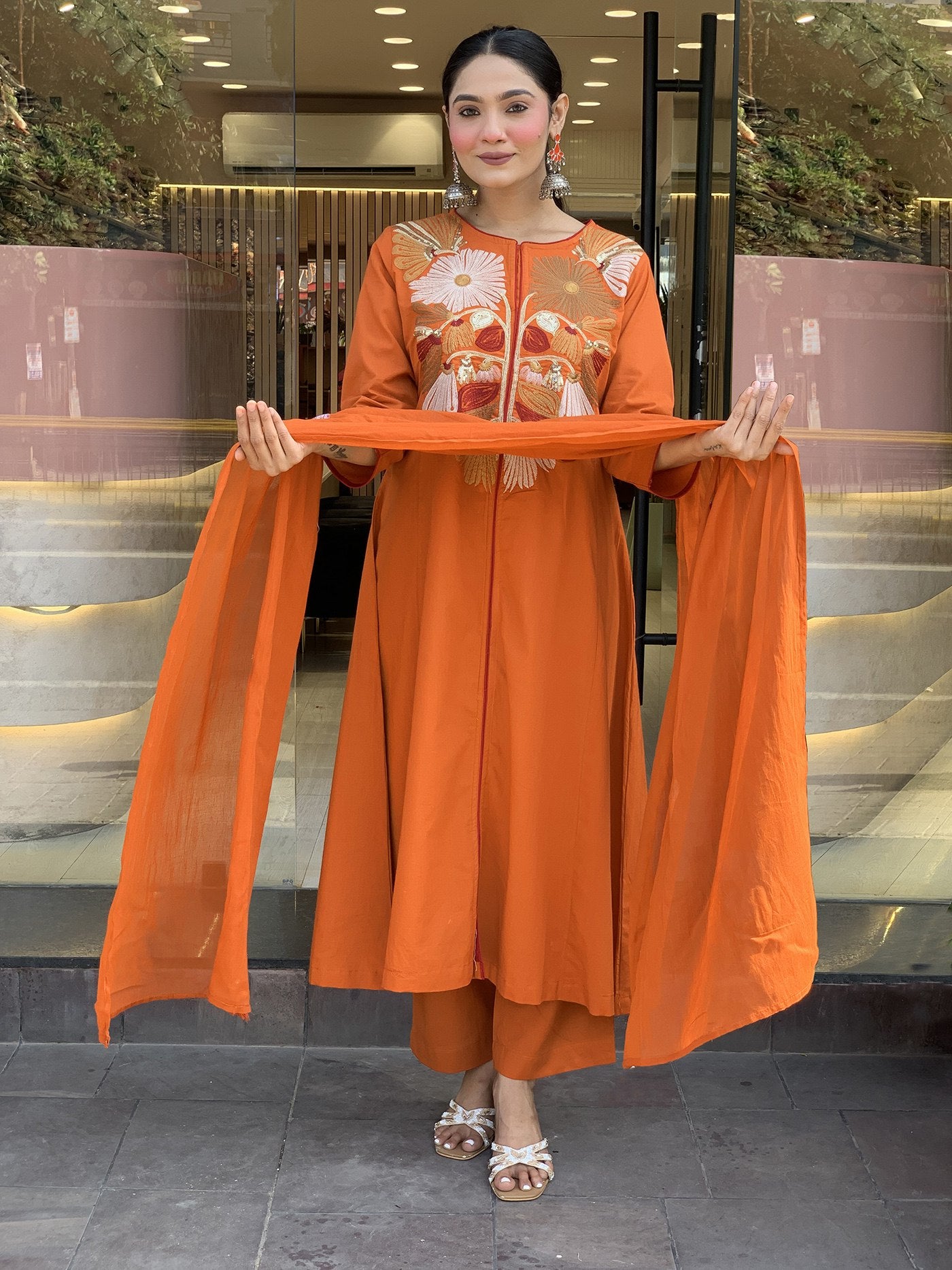 Orange tesla embroidered work women’s anarkali palazzo dupatta set