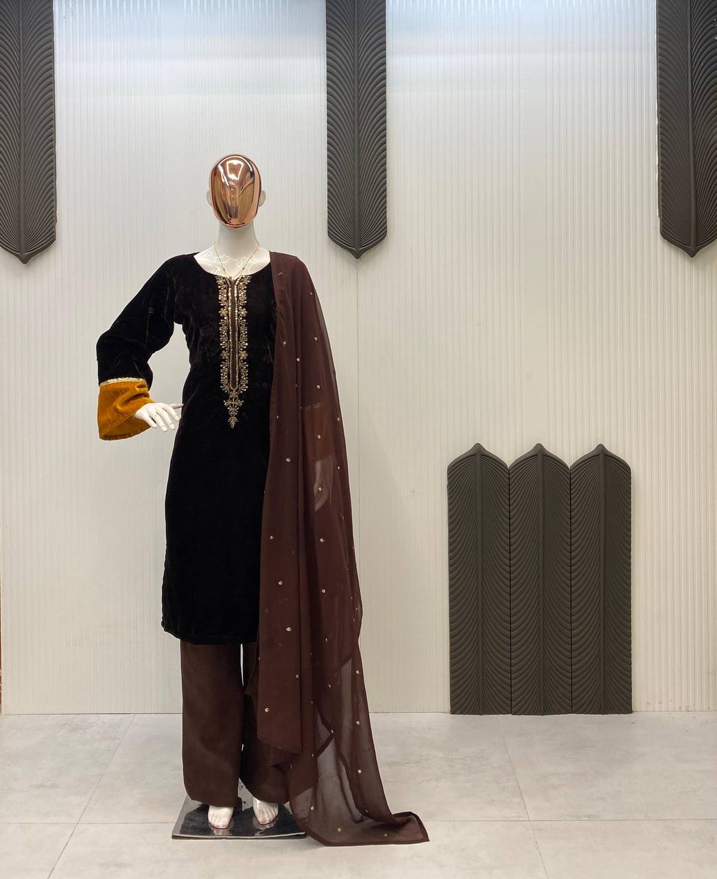 Designer Winter Velvet Plazzo Three Piece Set Women Embroidery Style