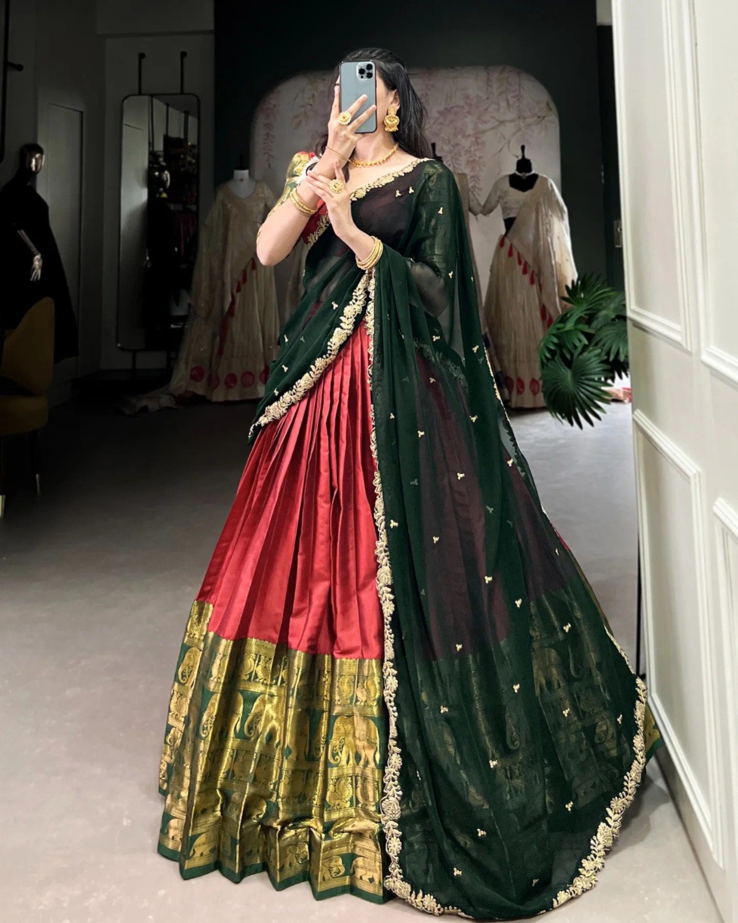 Red jacquard embroidered zari work semi stitched lehenga choli