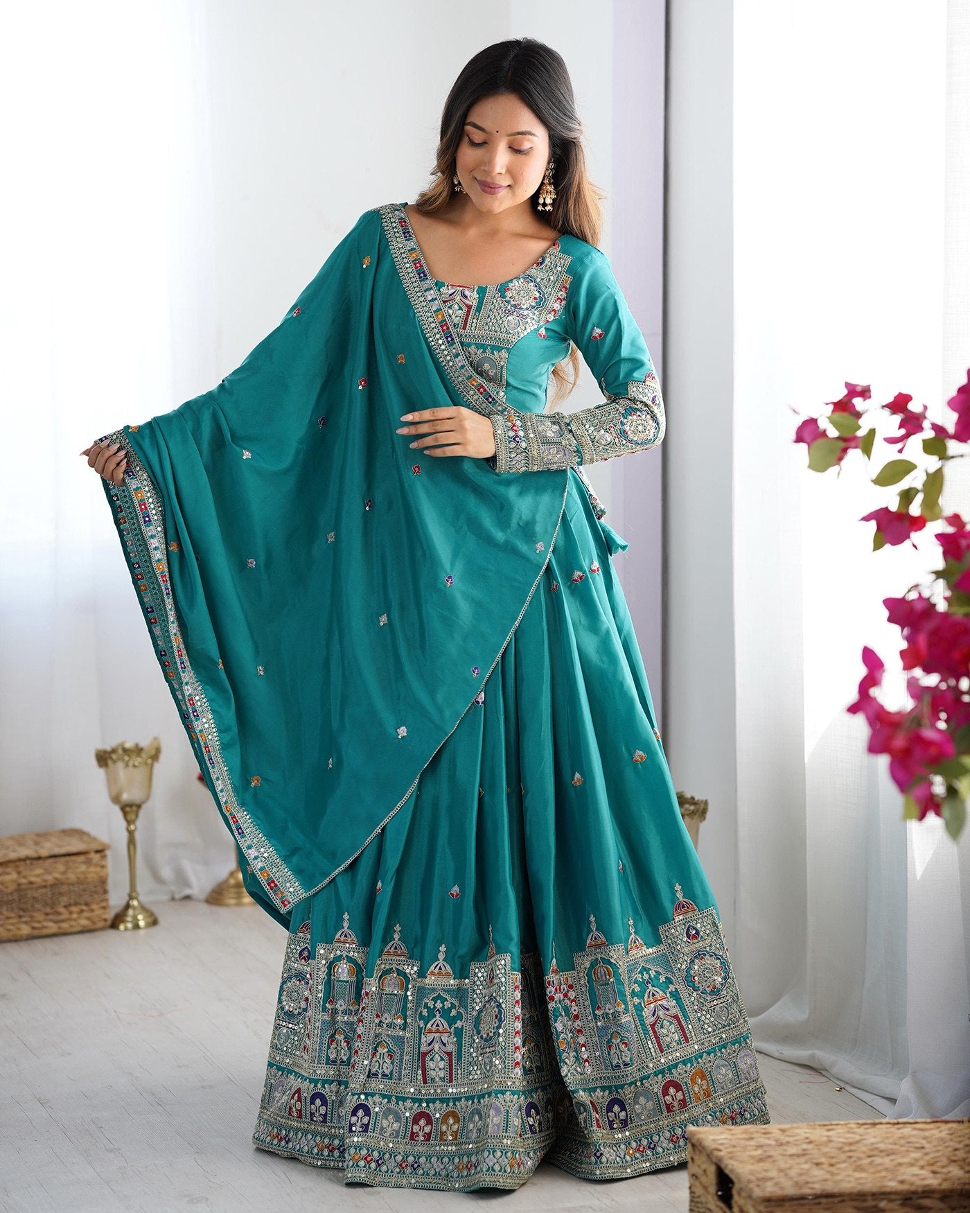 Sea green chinon embroidered sequins lace semi stitched lehenga choli