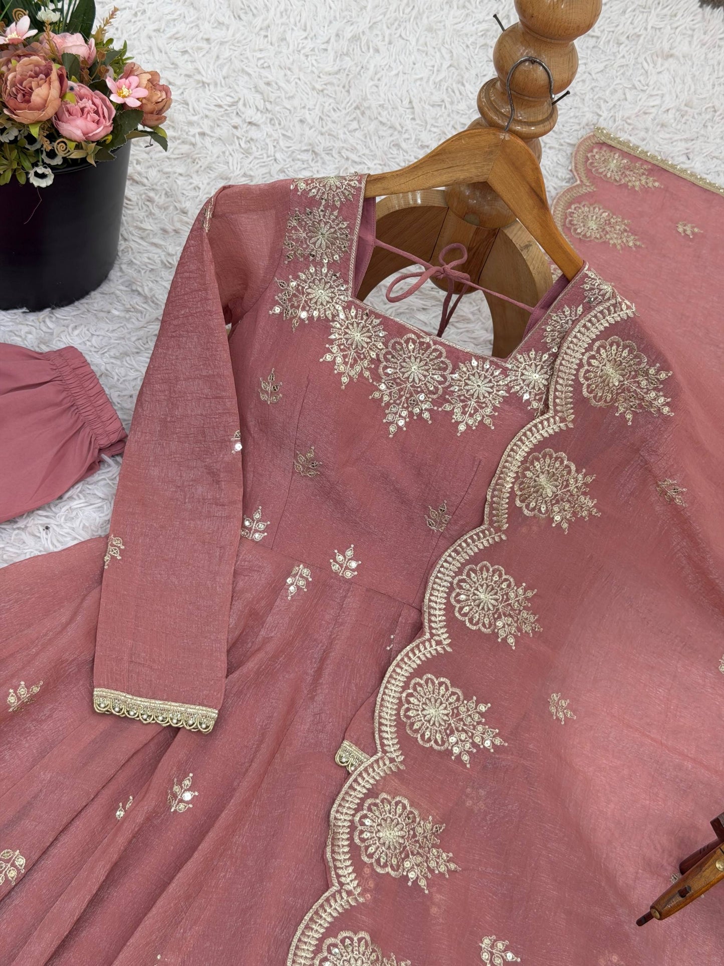 Peach crunchy silk elegant embroidered sequence designer anarkali three piece set