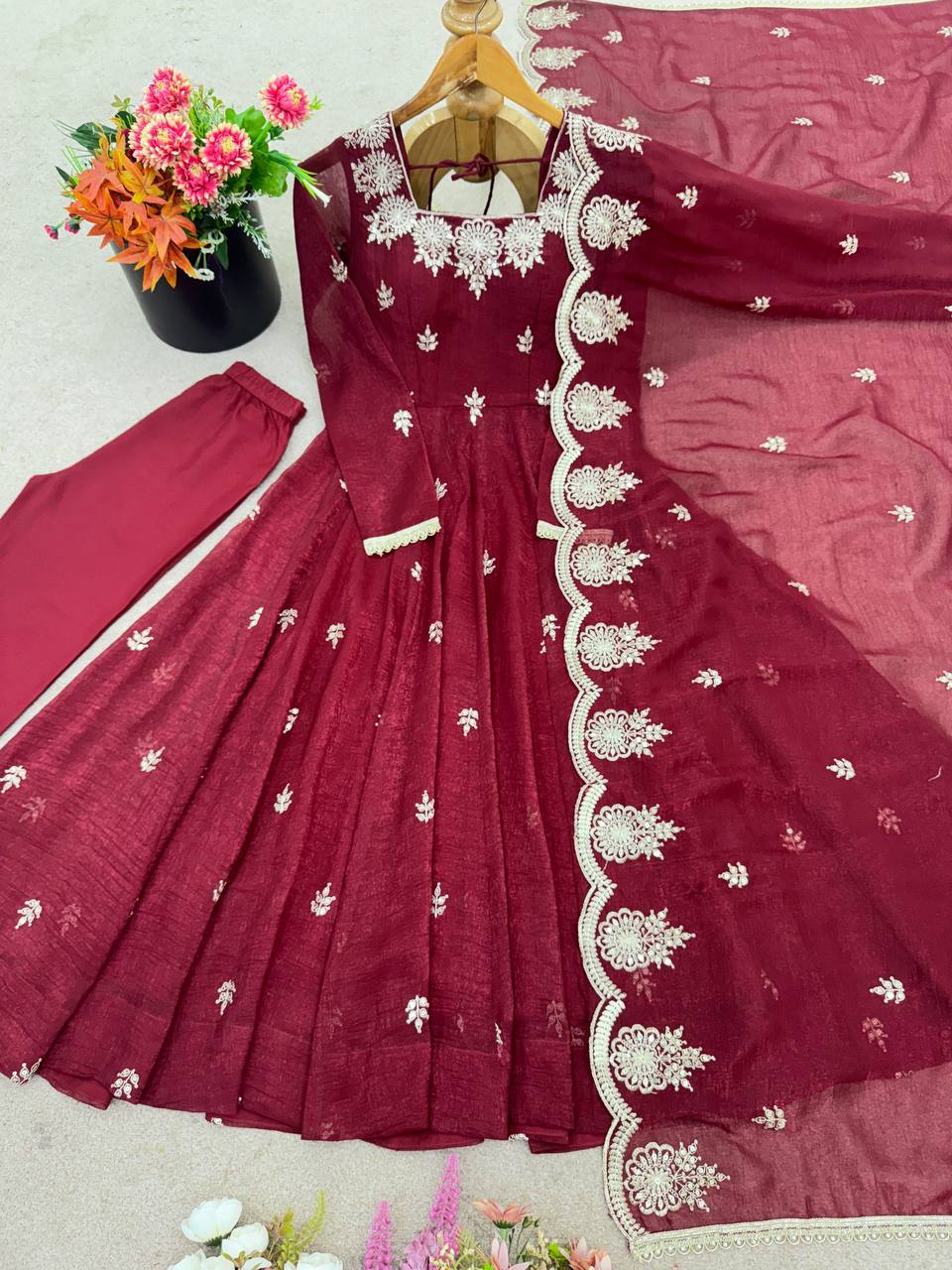 Maroon crunchy silk elegant embroidered sequence designer anarkali three piece set