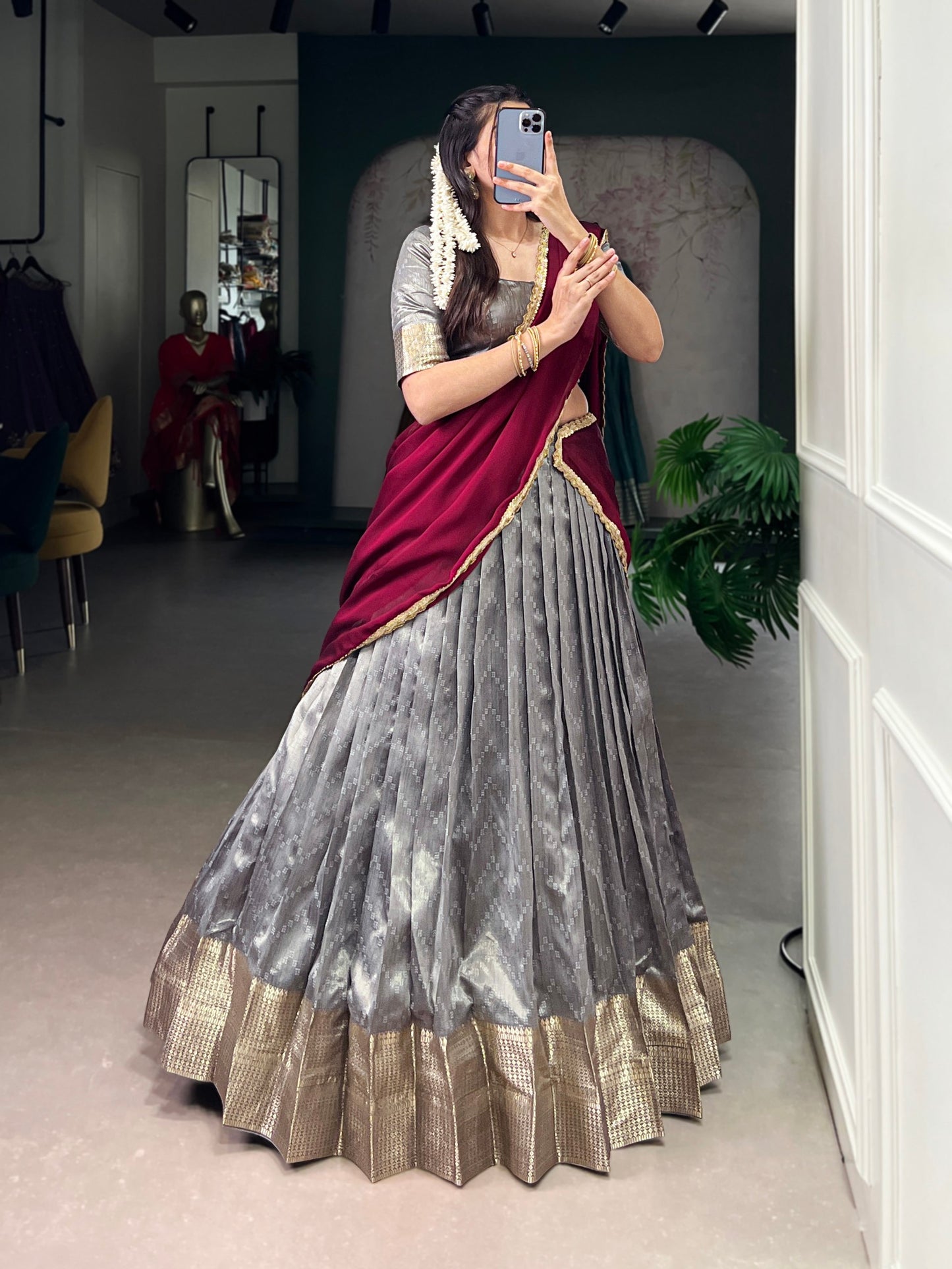 Grey dupion silk zari weaving work lehenga, blouse and dupatta, drawstring with zip