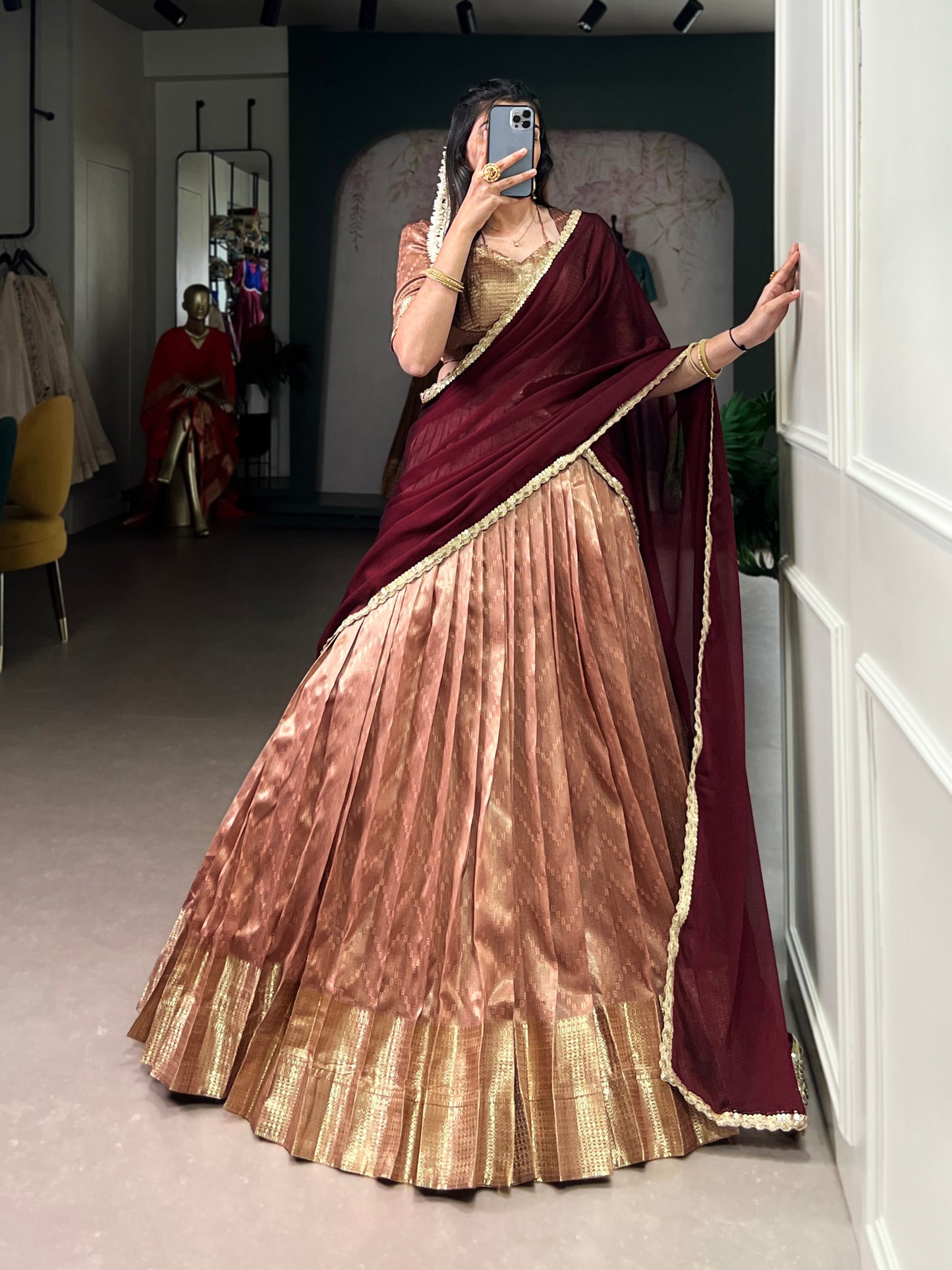 Peace dupion silk zari weaving work lehenga, blouse and dupatta, drawstring with zip