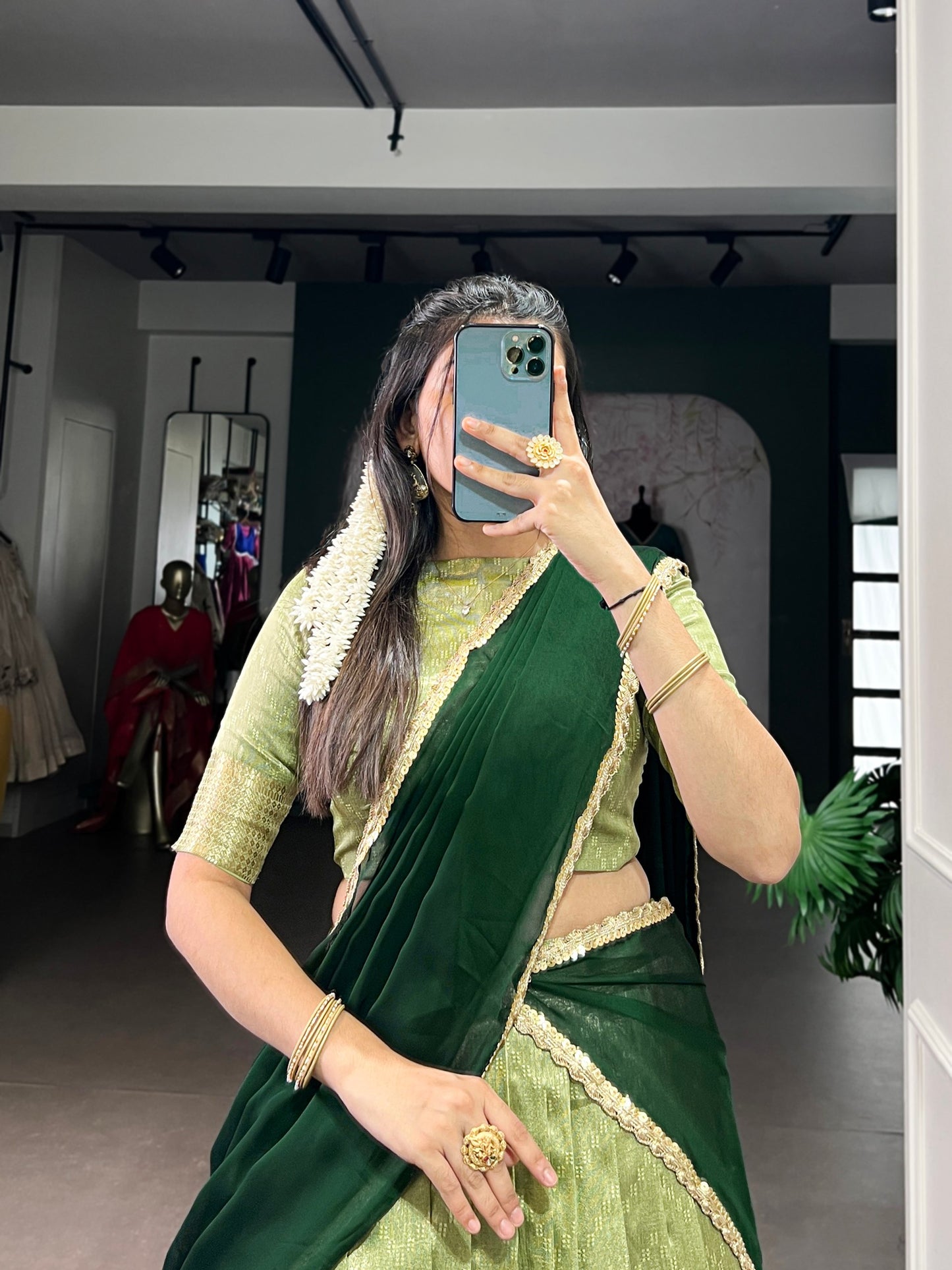 Green dupion silk zari weaving work lehenga, blouse and dupatta, drawstring with zip