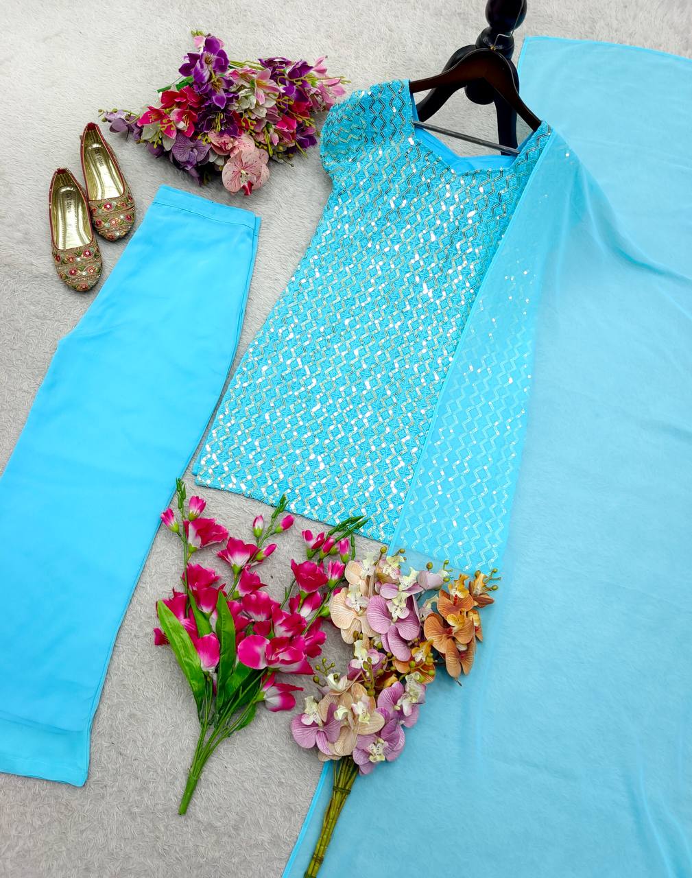 Blue pure fox georgette with embroidery sequences work top, bottom and dupatta