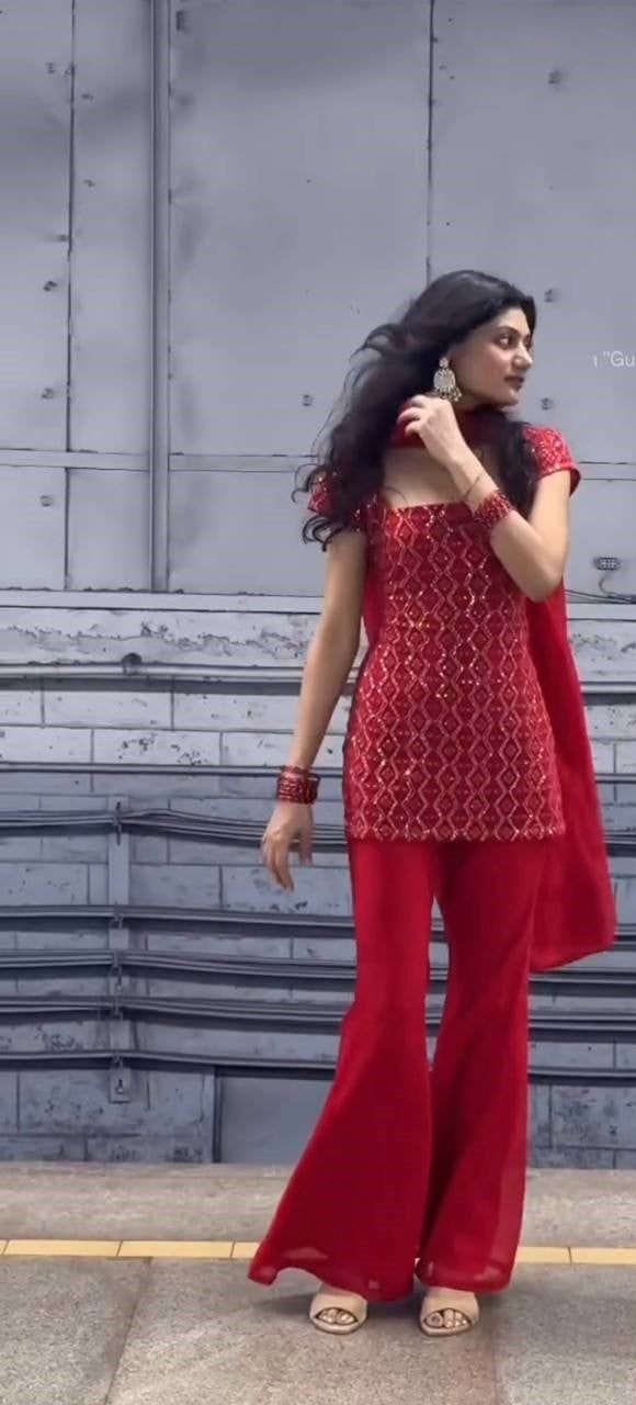 Red pure fox georgette with embroidery sequences work top, bottom and dupatta