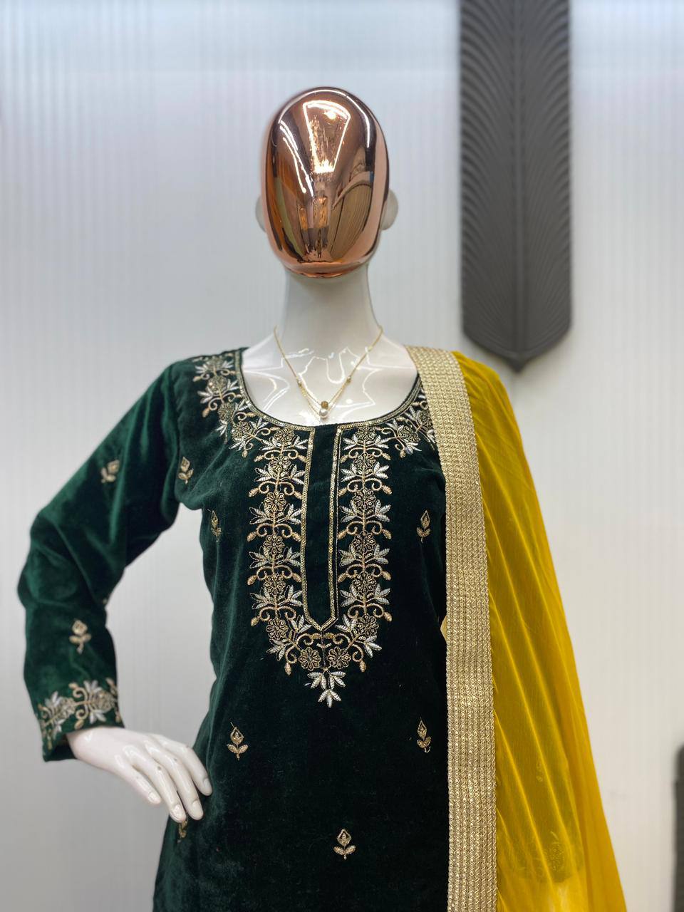 Dark Green velvet embroidery work with lace kurti palazzo and dupatta